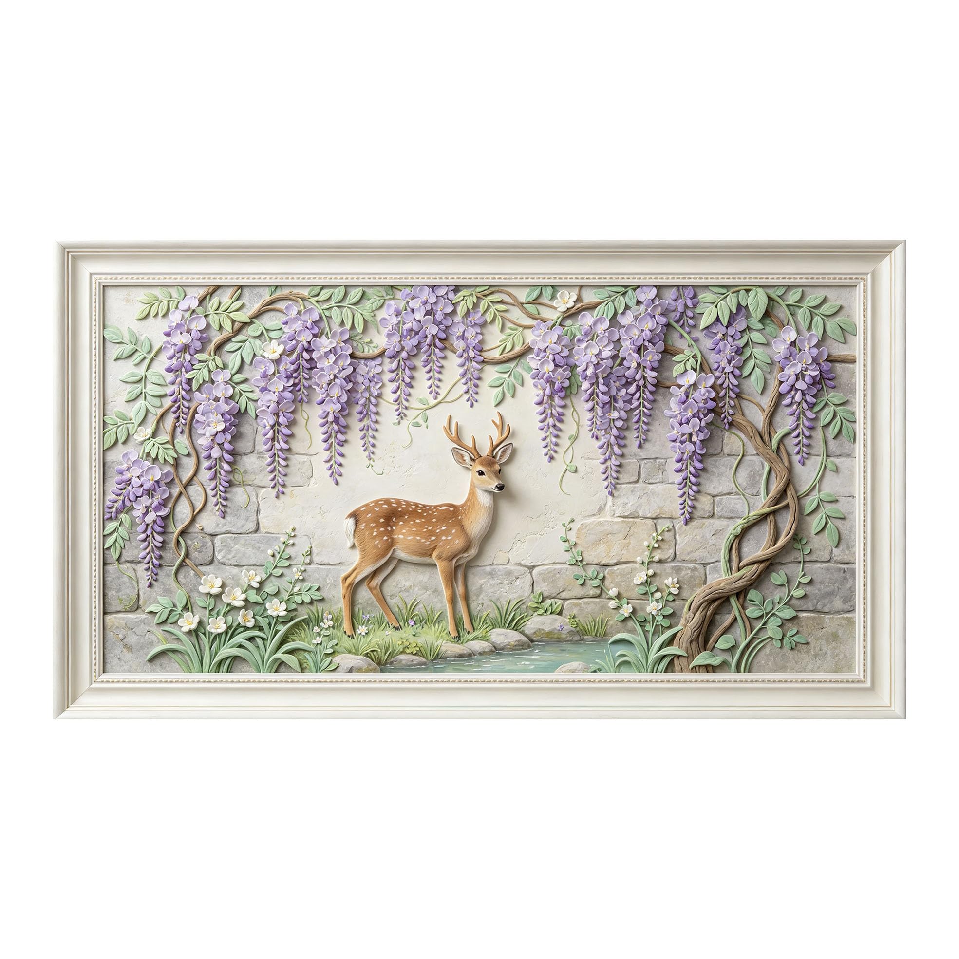 Murasolite 3D Framed Wall Art Deer by Stone Wall with Wisteria Floral Pastoral Relief Effect SelfAdhesive Fabric Mural Wall Decor,No Damage to Wall,AntiFall Safe Design for Bedroom Living Room