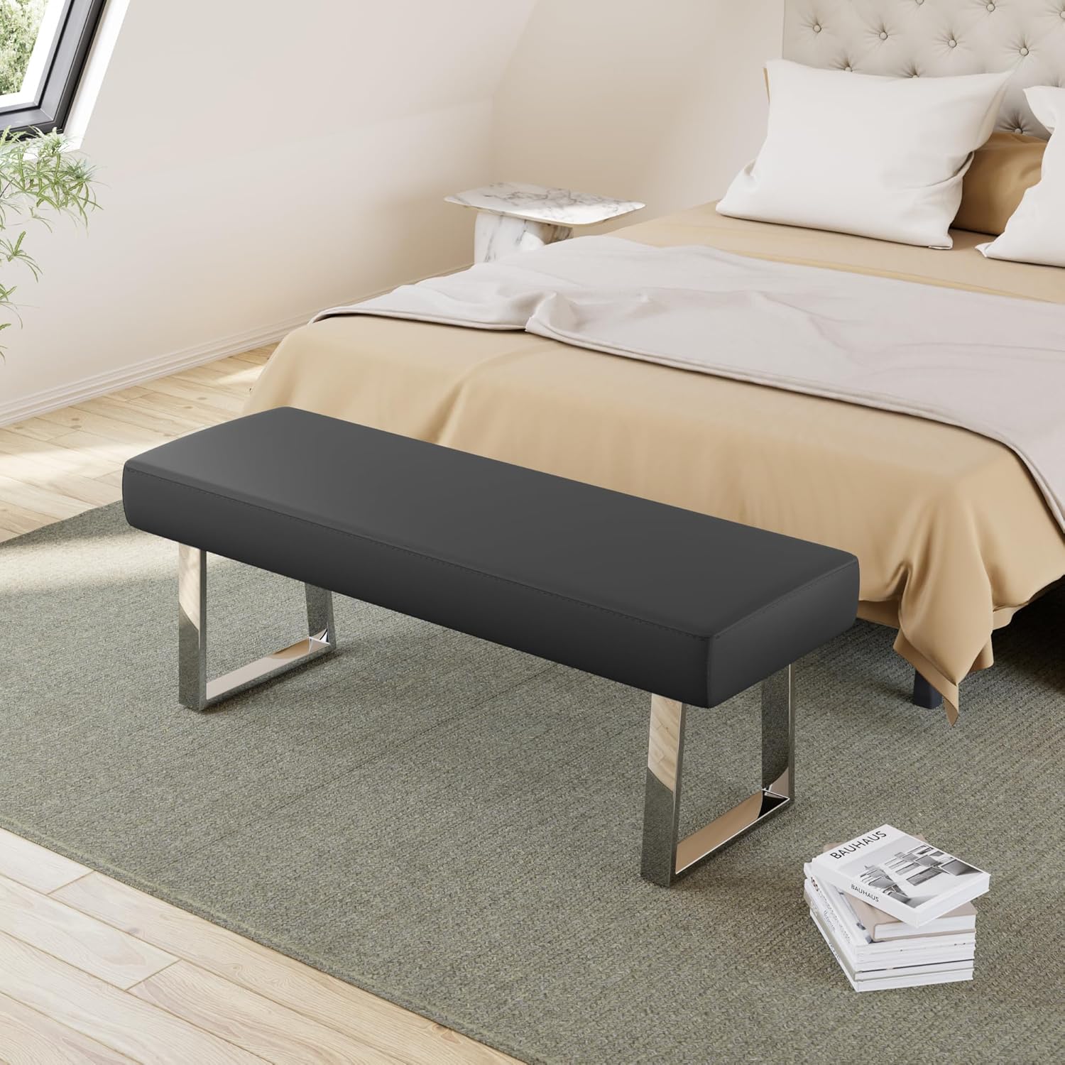 JIEXI Bedroom Bench Bed end upholstered Bench Indoor Corner Small Footstool with Metal Legs, for Kitchen entryway Dining Room and Living Room Window, Plant Bench