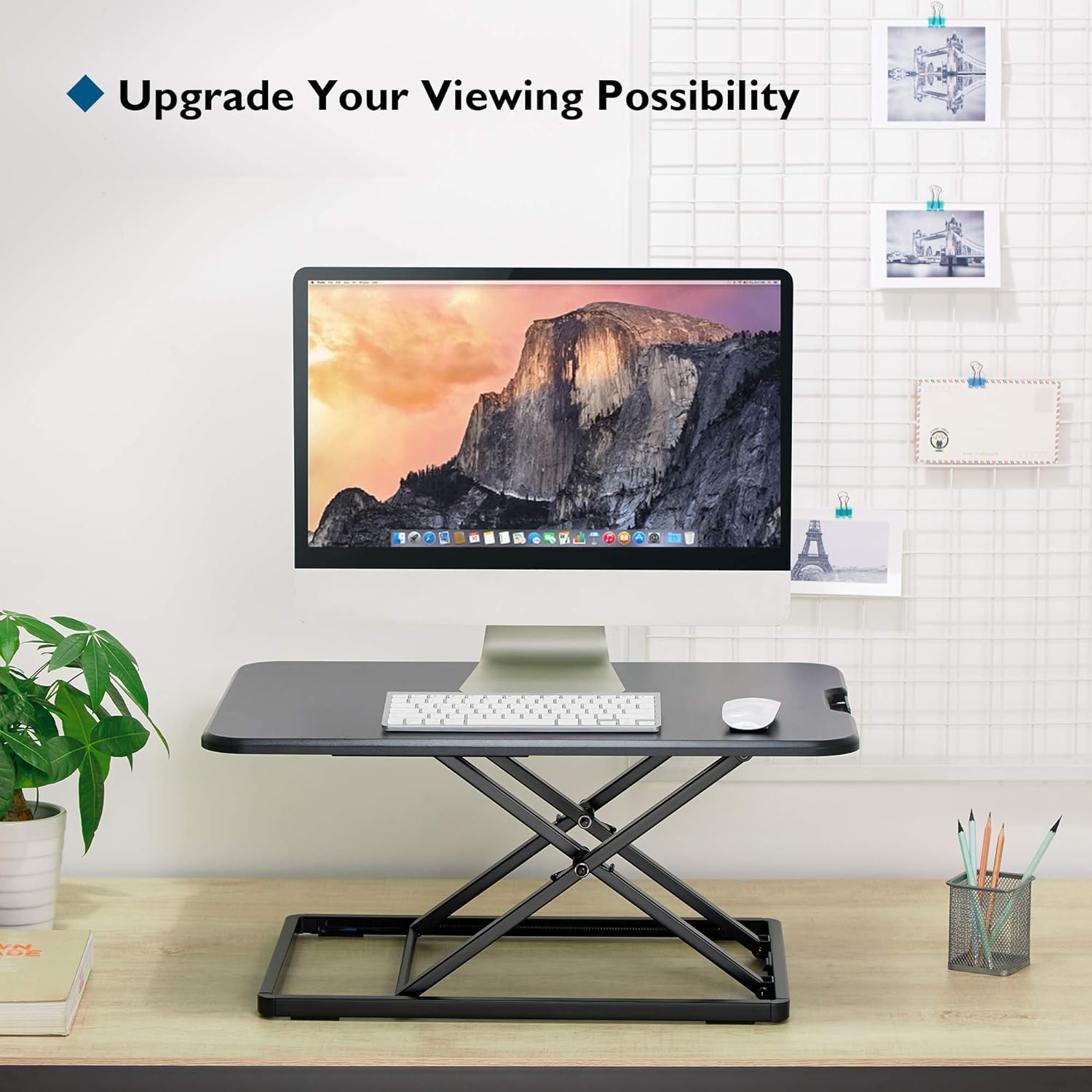 BONTEC Sit- Stand Desk Converter, Height Adjustable Super Sturdy Office Workstation with 65x47cm Platform, Ergonomic X-Frame Riser for PC Computer Screen, Keyboard, Laptop up to 17.6lbs : Office Products