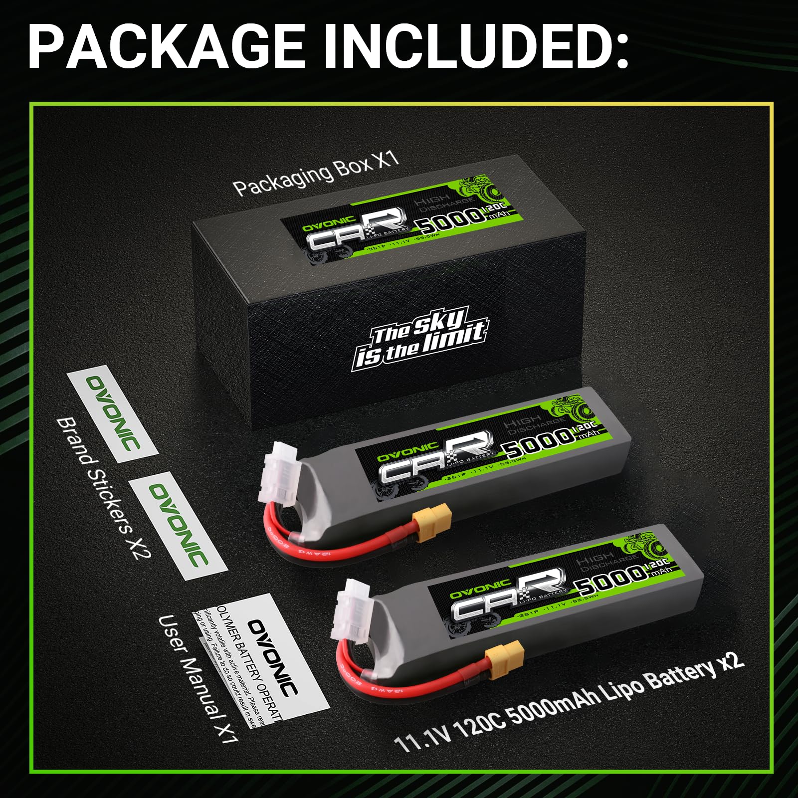OVONIC Batteria LiPo 11.1V 3S 5200mAh 120C con spina TRA per RC Car RC Truck Aereo Elicottero Barca Auto Racing RC Hobby (2 pezzi)