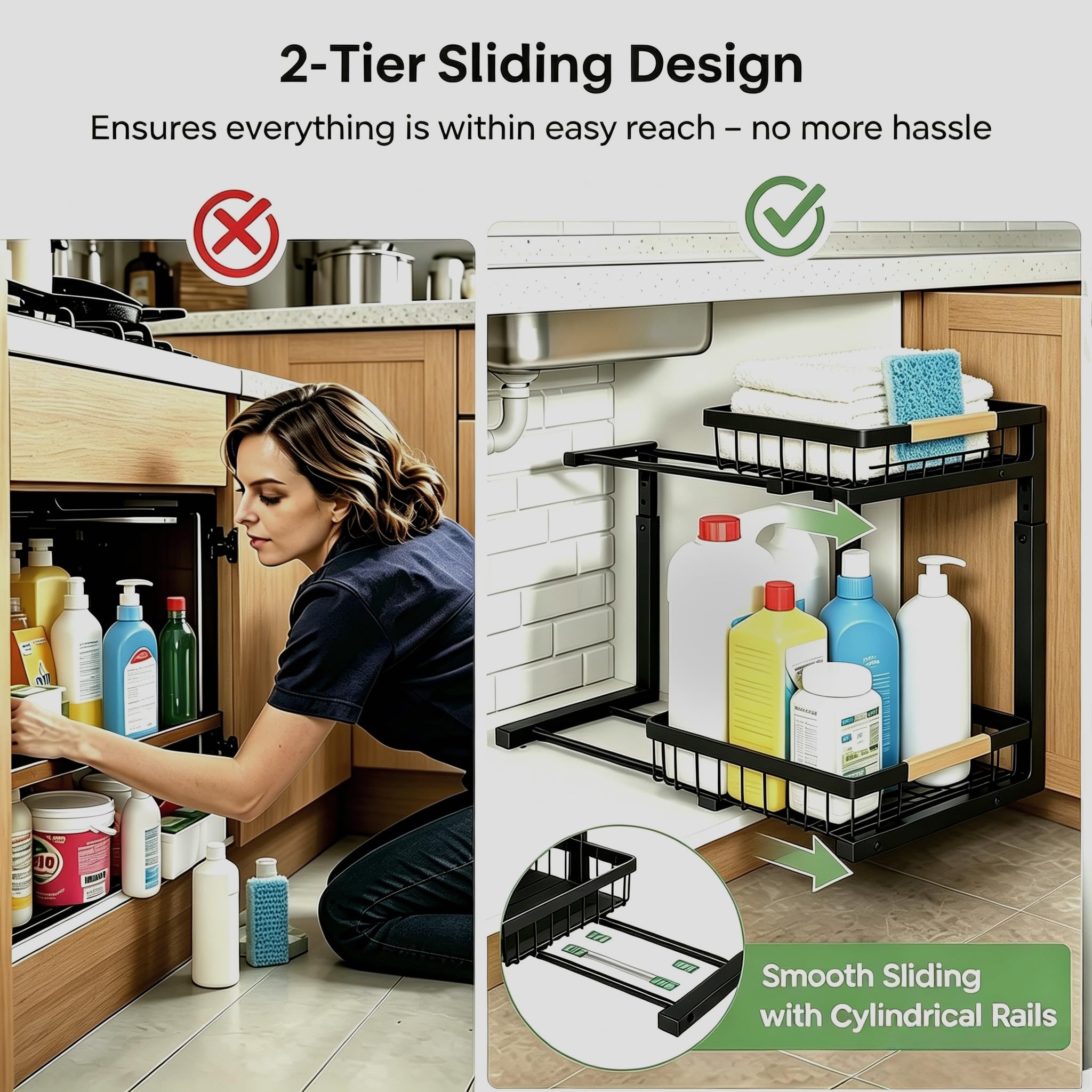 Metall Spülschrank Organizer, 2 Stück 2-Etagen Ausziehbarer Unter Waschbecken Regal, Ausziehbares Unterschrank Lagerregal für Küche, Badezimmer & Speisekammer (2er Pack)