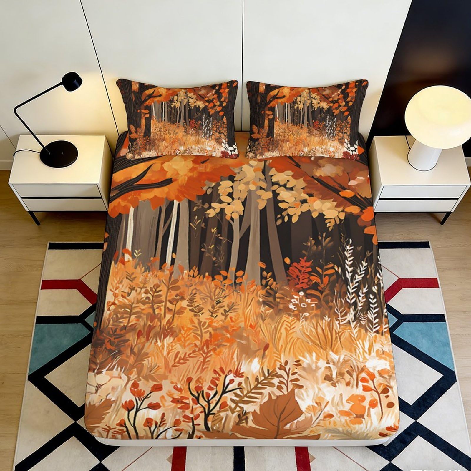 3D Printed Autumn Forest Fitted Sheet Microfiber Soft Bed Cover Woodland Leaves Decor for Bedroom Guest Room 90x200x25cm