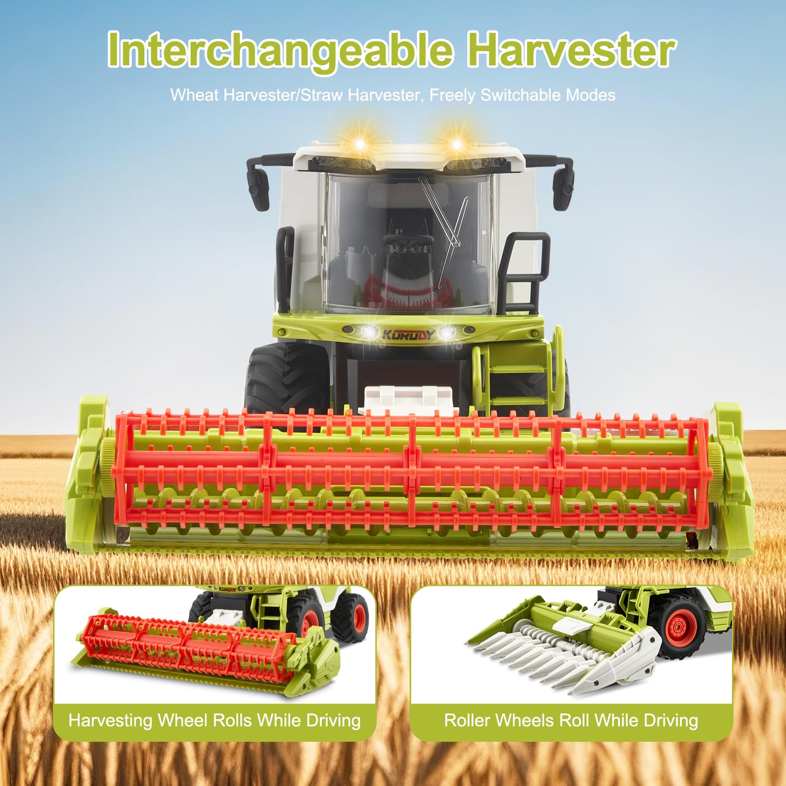 RC Cosechadora de juguete teledirigida, cosechadora RC Tractor grande con pulverización, luz y sonido, 2,4 GHz, 1:24, trituradora de maíz, regalos para niños a partir de 3, 4, 5, 6 años