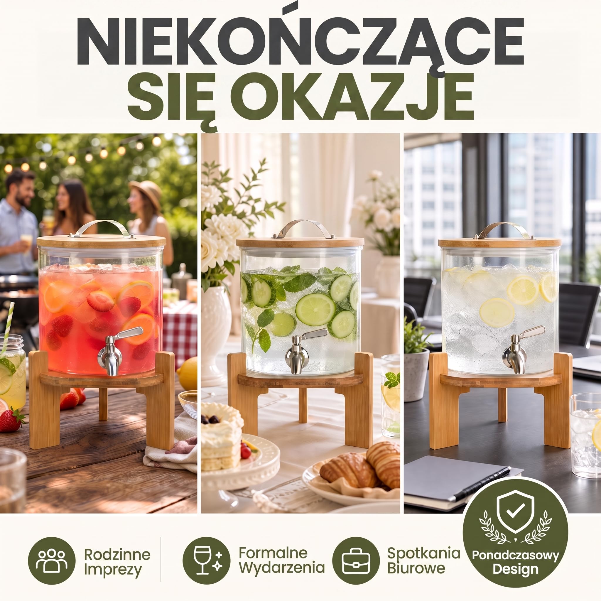 Dimono® Szklany Dozownik do Napojów 5 l z Kranem | Żaroodporne szkło borokrzemowe, kran ze stali nierdzewnej, bambusowy stojak 12 cm i pokrywka