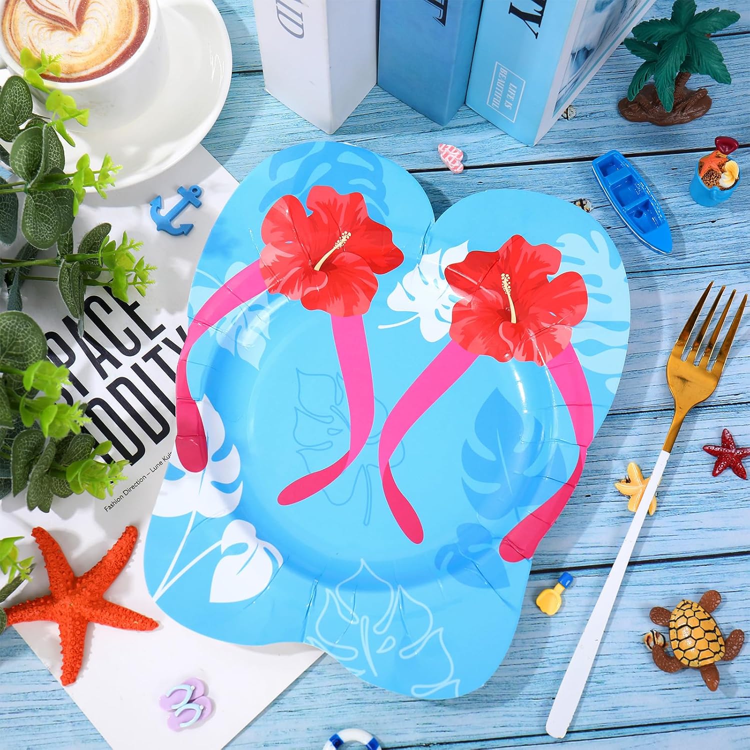 Whaline 24 Pcs Summer Paper Plates Disposable Plates Decorative Flowers Palm Leaves Flip-flops Shaped Tableware Dessert Plate for Aloha Hawaiian Luau Party Tableware Supplies