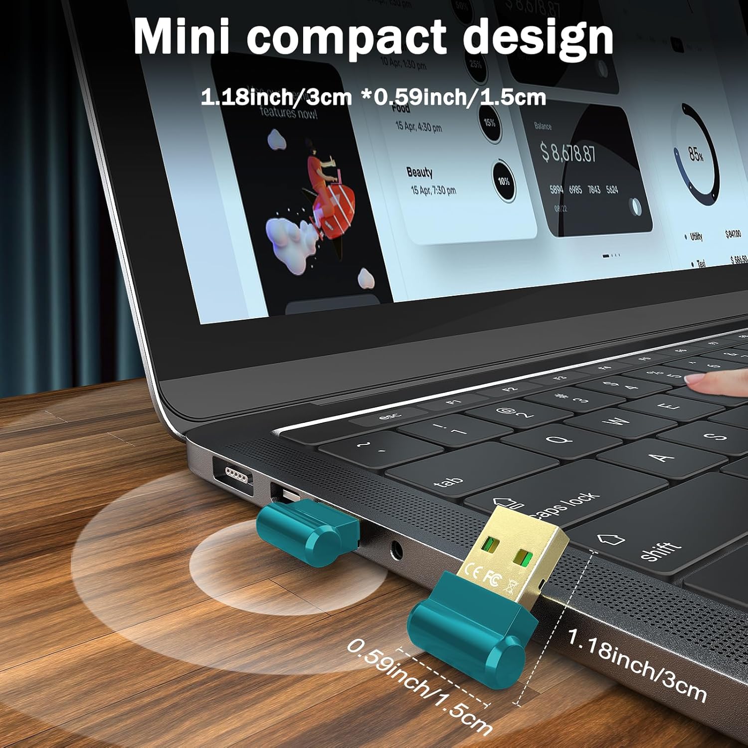 Намоиши тасвирasing the mini compact design of the Techkey Bluetooth adapter plugged into a laptop, with dimensions 1.18 inches by 0.59 inches, demonstrating its unobtrusive profile.