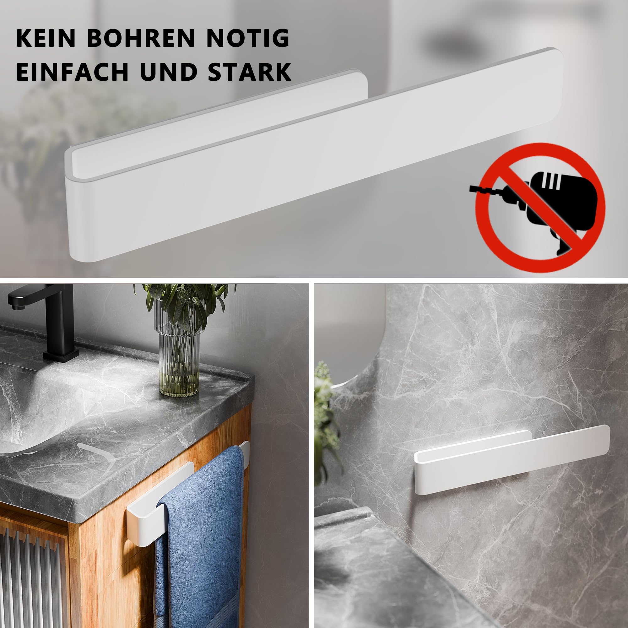 Porte Serviette Salle De Bain Sans Perçage, Porte-Serviettes Mural En Inox Adhesif 3m 37 Cm Noir 96210159