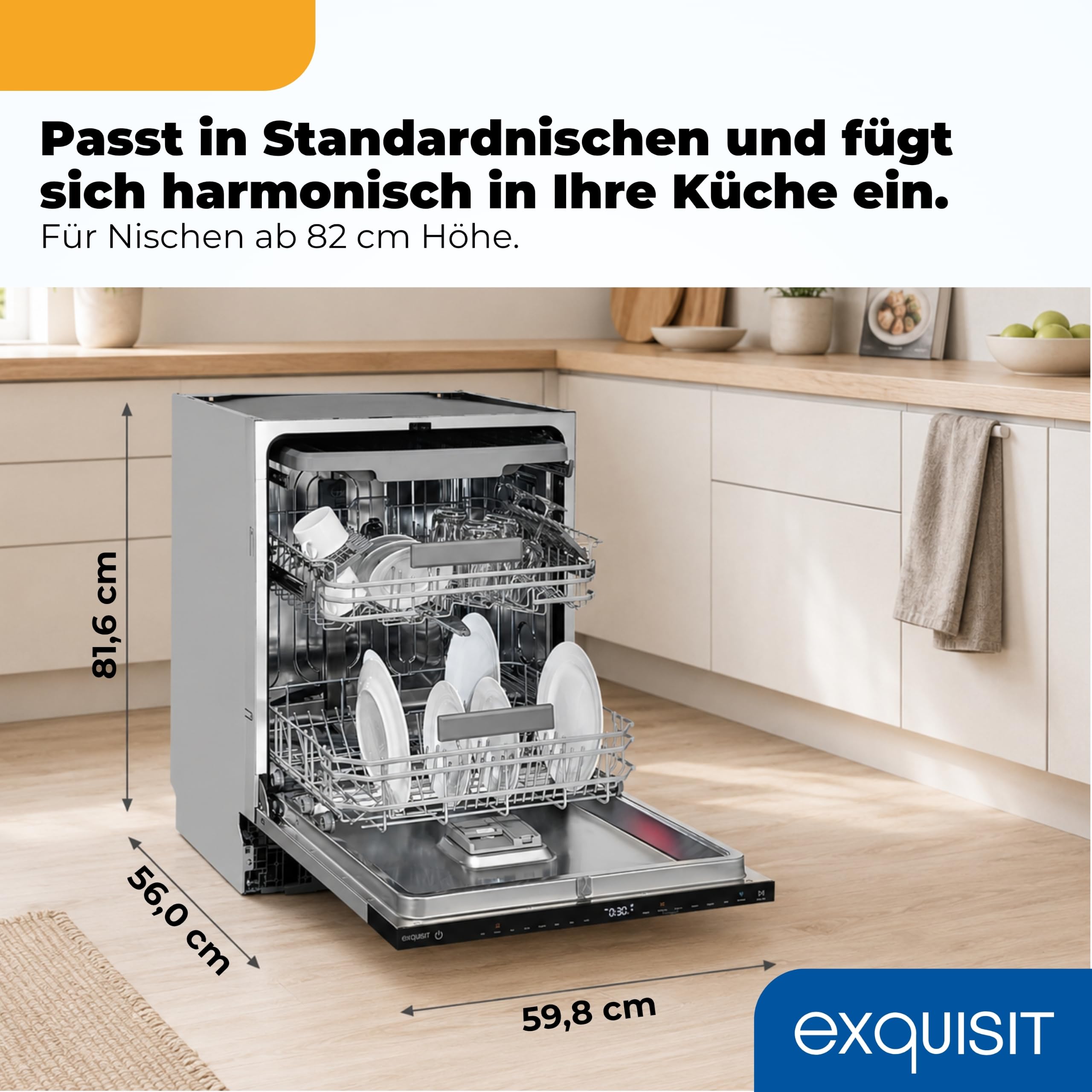 Exquisit Vollintegrierbarer Geschirrspüler 16 Maßgedecke | Energieklasse C | 8 Programme | Eco, Intensiv & Glas | Aquastop | Besteckschublade | Extra-Trocknung | Startzeitvorwahl | LED-Fußbodenanzeige