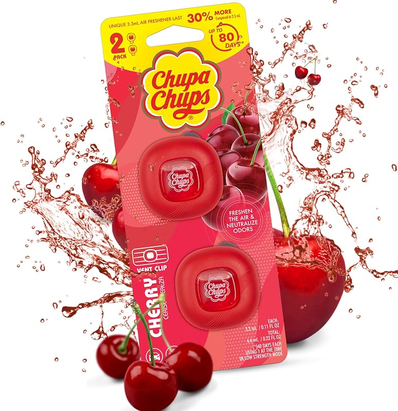 Chupa Chups Ambientador de aire para auto con clips de ventilación, bonitos accesorios para auto, aromas de vehículos frescos de larga duración, ambientador para mujeres, desodorante de área, eliminador de olores, nuevo olor fresco, 2 unidades