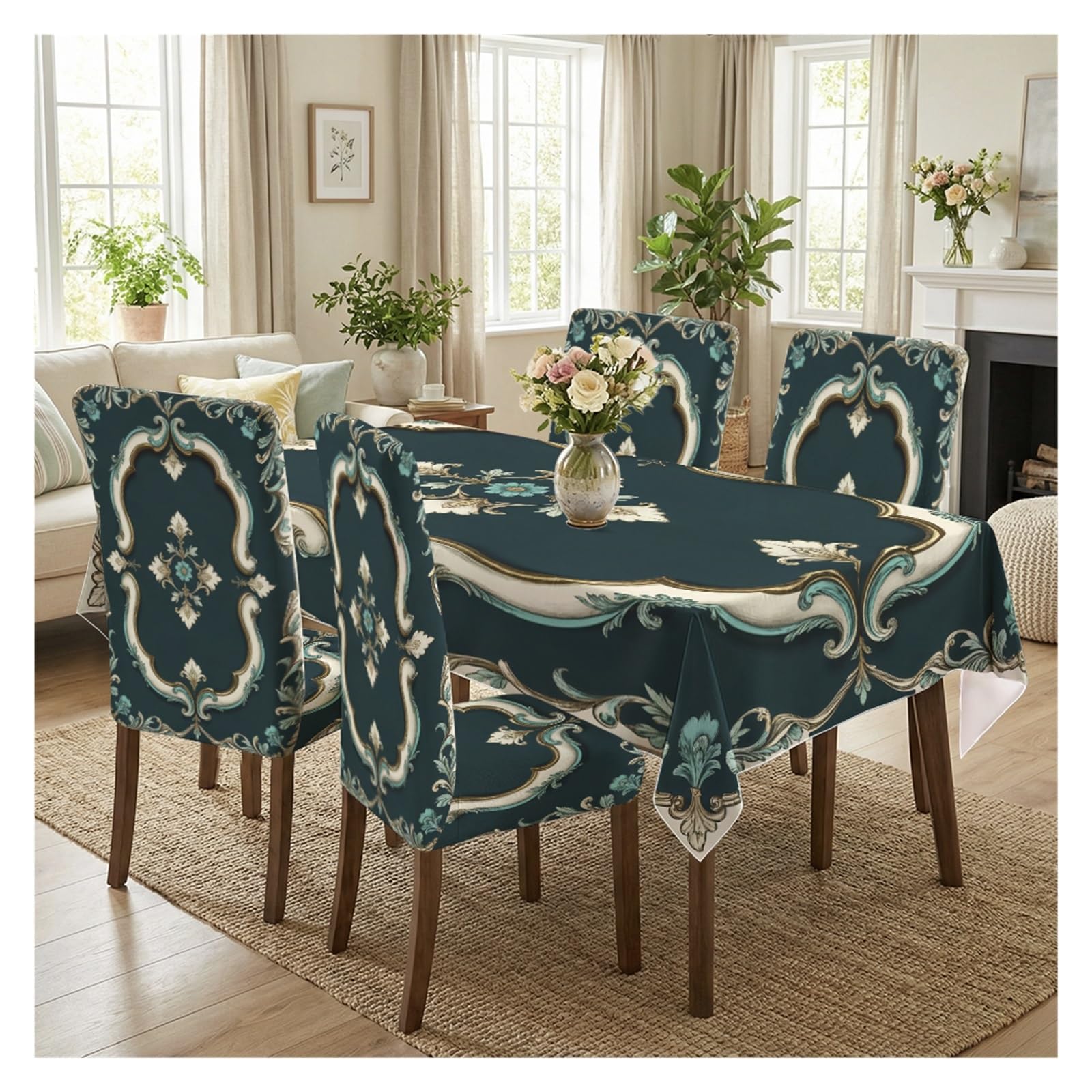 BOSUYBN European Baroque Dining Set, 5/7 Piece Tablecloth With Chair Covers, Luxury Vintage Floral Scroll Slipcovers For Elegant Interiors Table Setting(5pcs Set: Tablecloth+Chair Covers)