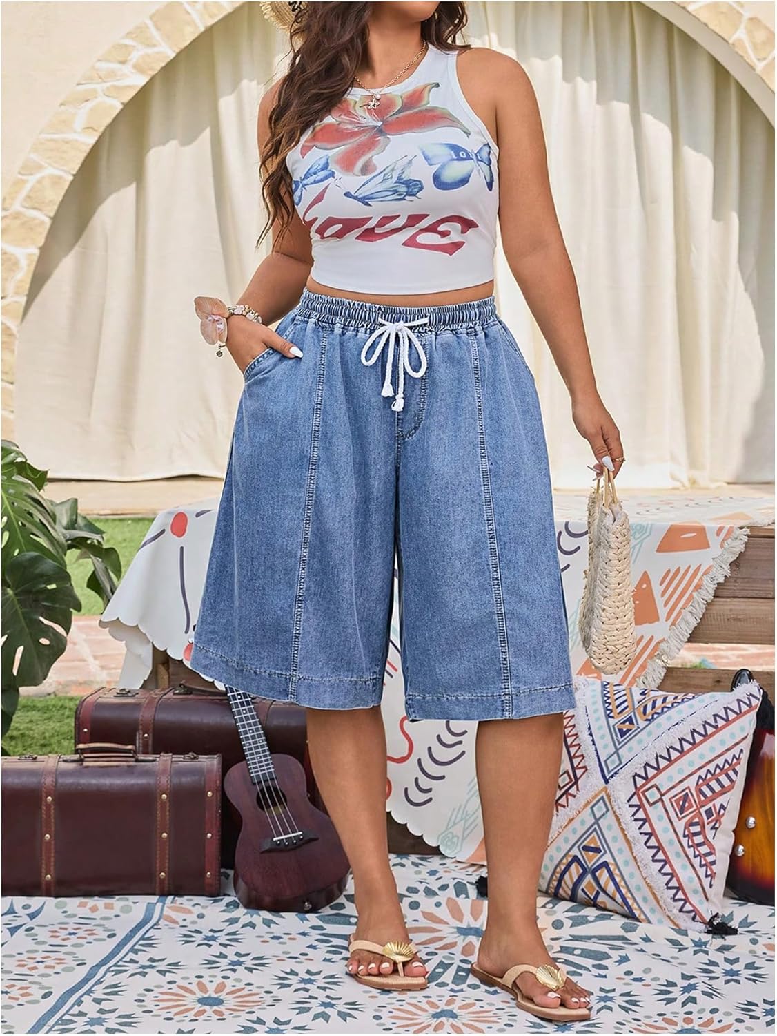 Verdusa Women's Plus Size Wide Leg Baggy Jean Shorts Streetwear Knee Length Shorts with Pockets - Image 5