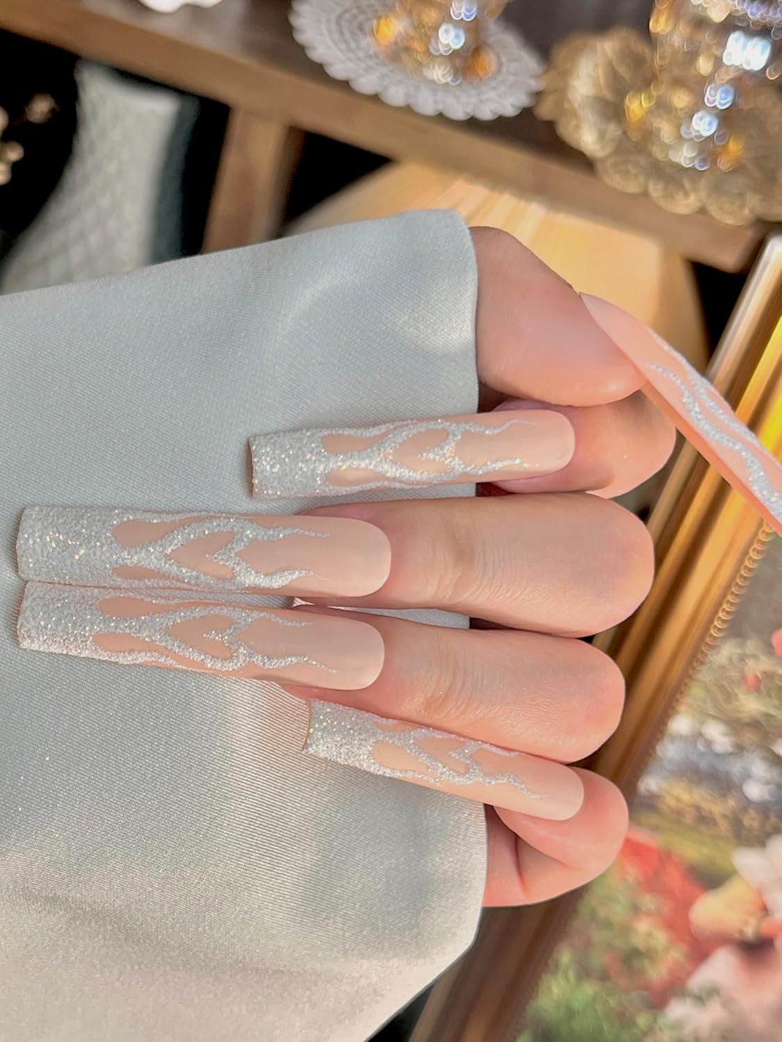 HAND-PAINTED White False Nails Set Coffin Press on Nails Press ons Kit Medium Length Stick on Nails Shoot Nail Art Short Nails with Nail Glue on Nails Square, Custom Long Almond Nail (B7, L)