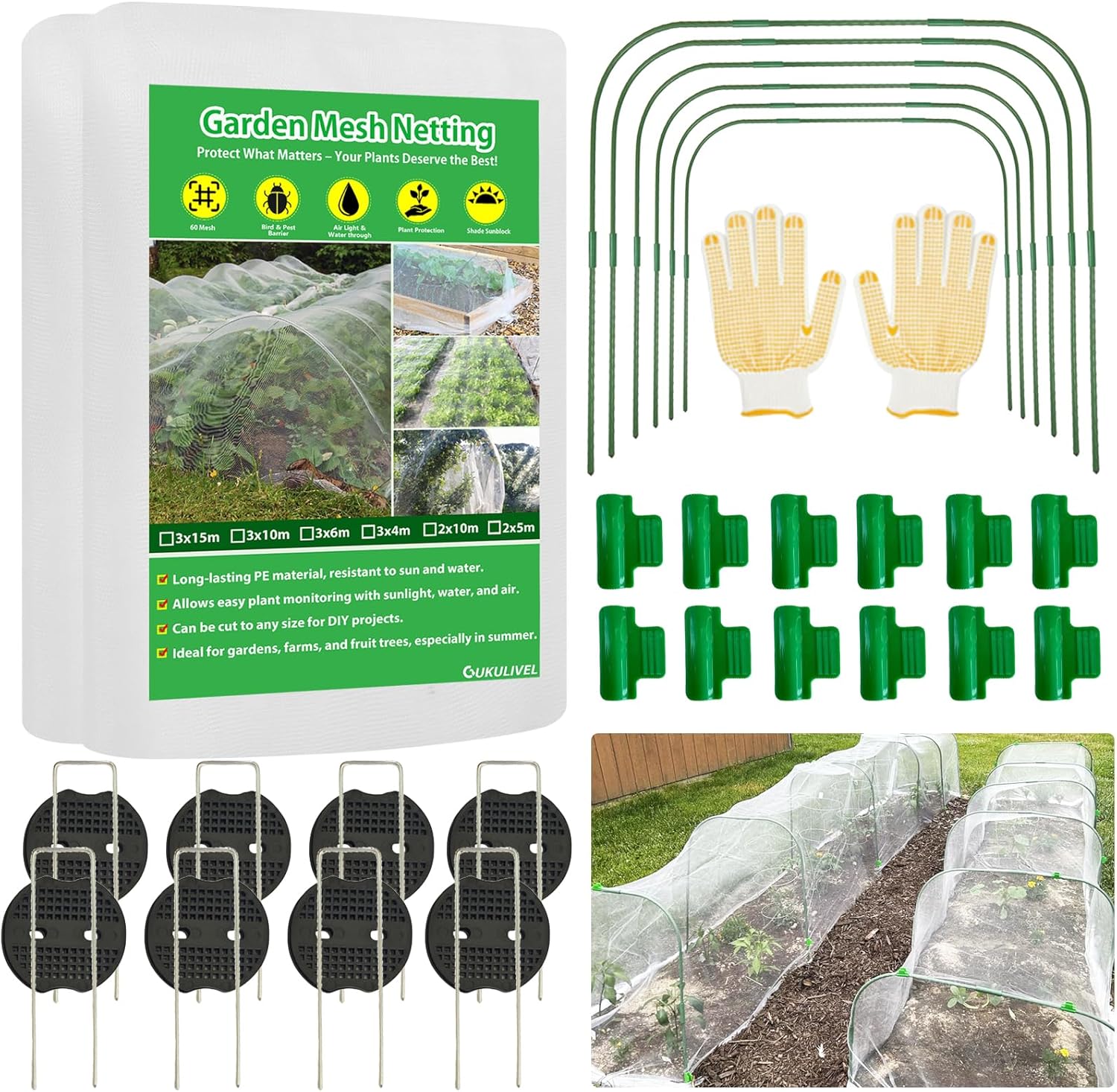 Garden Mesh Netting Kit, 3x12M Ultra-Fine Insect Netting with 6 Sets Tunnel Hoops & 12 Clips ＆12 Garden Pegs, Garden Netting for Raised Beds, Greenhouse, Vegetable & Flower Cover