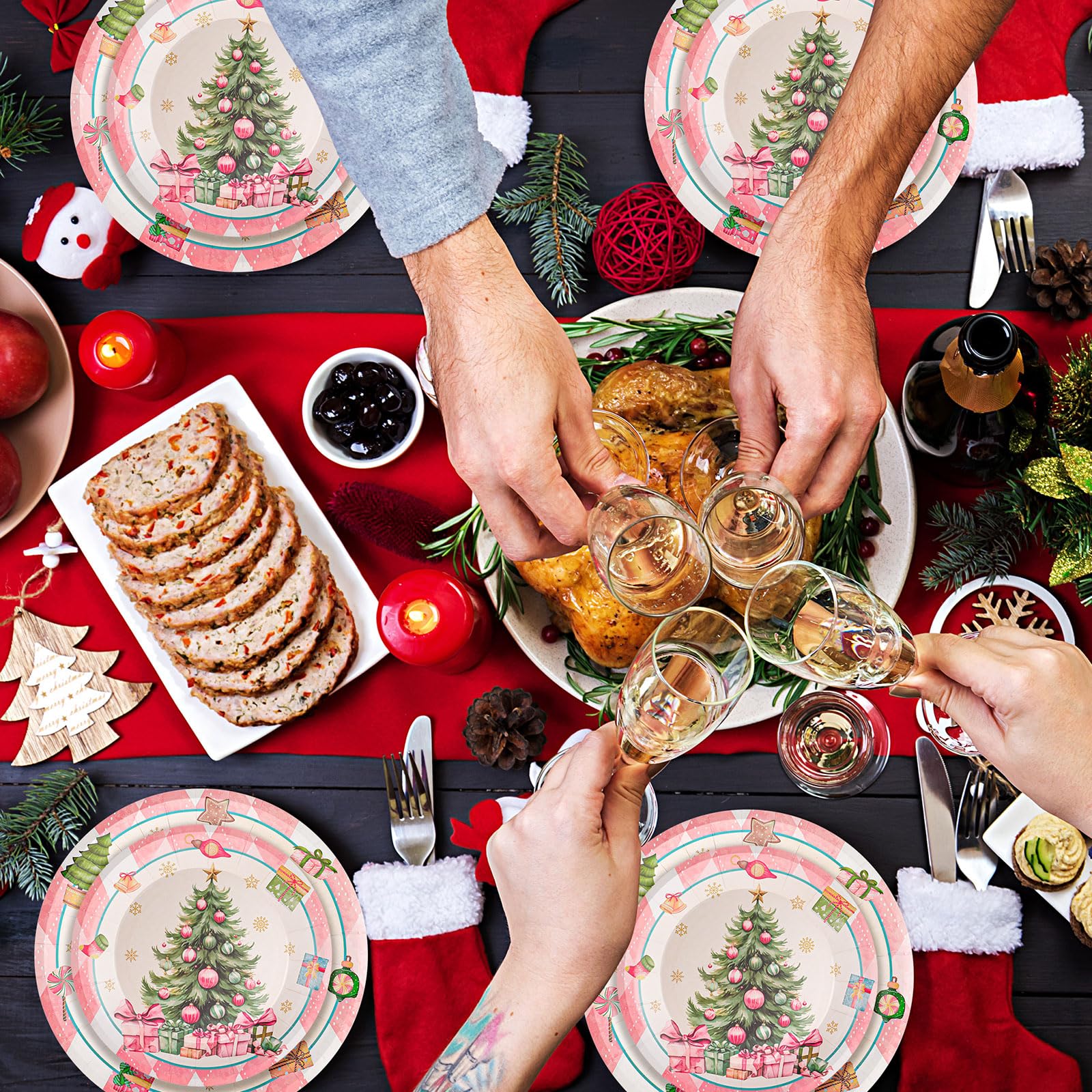 Funnymoom 200 piezas de suministros de fiesta de Navidad, platos y servilletas de Navidad, platos de papel de Navidad, 50 platos de cena de Navidad, 50 platos desechables de postre, 100 servilletas