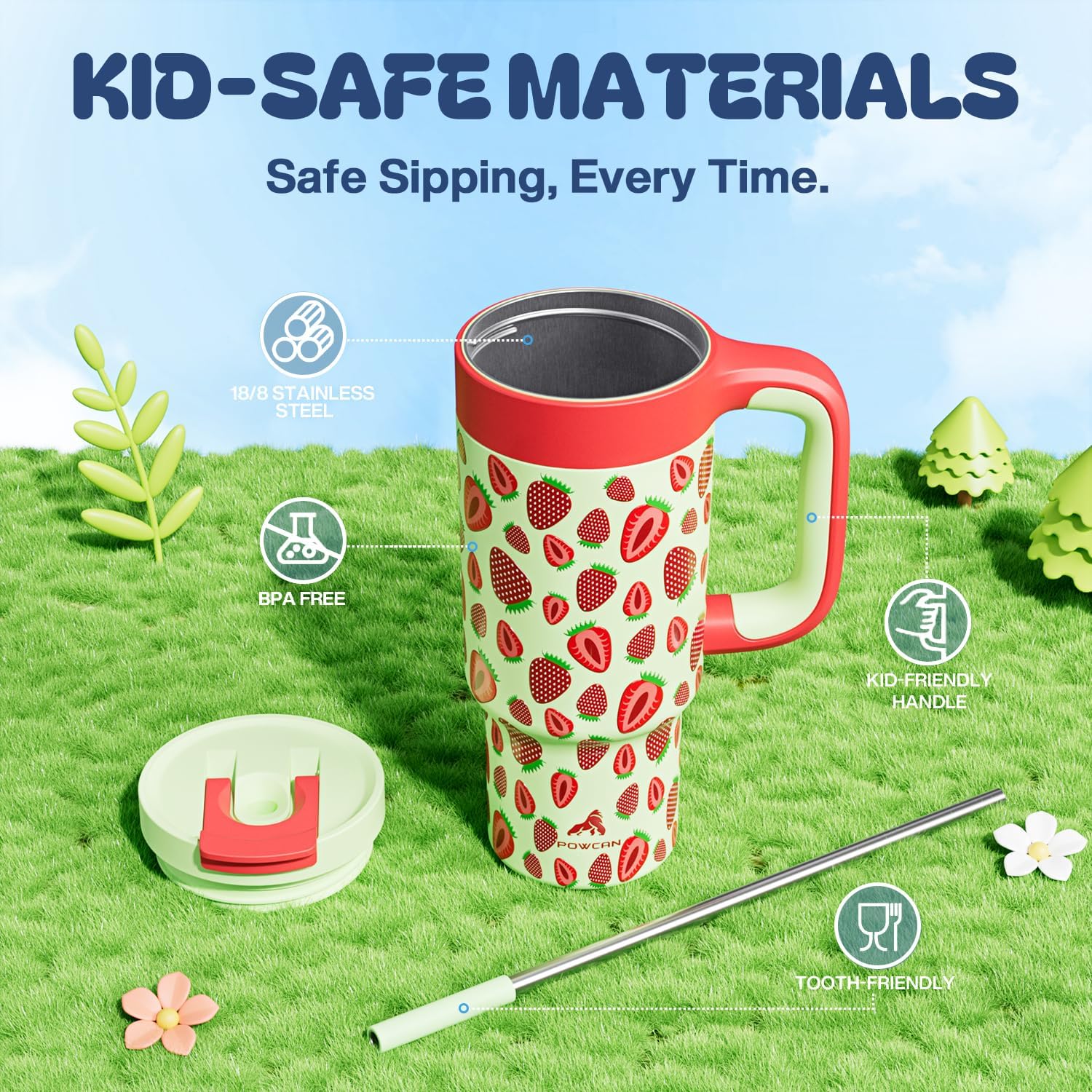 24 oz Metal Tumbler Cup for Girls: Easy Grip Handle, Leak-Proof when Sealed, Easy to Clean, Double Wall Vacuum Cup for Home, School, Daycare, Party, Picnic, Hiking, Travel, Gift (Strawberry Pop) - Image 5