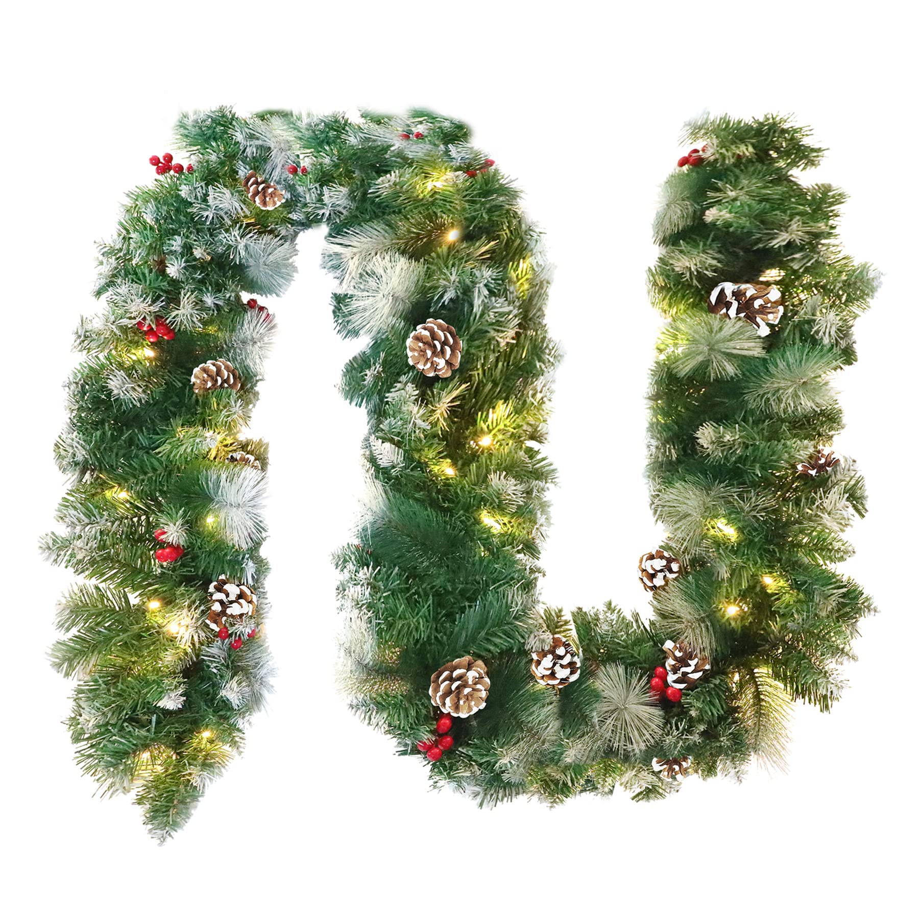Froadp Weihnachtskranz Weihnachtsgirlande Tannengirlande mit Tannenzapfen Rote Beere und Schneeflocken Türkranz Weihnachten Girlande Weihnachtsdeko für Innen und Außen (800cm, mit Lichterkette)