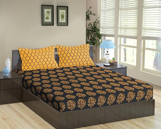 Trance Home Linen 200TC 100% Cotton 78"X72" Standard King Size Elastic Fitted Bedsheet|Printed King Bed Size Elasticated F...