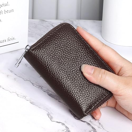 Vista 6 de GEEAD Tarjetero de cuero genuino RFID para mujeres y hombres con cremallera para tarjetas pequeñas carteras, Café, Minimalista