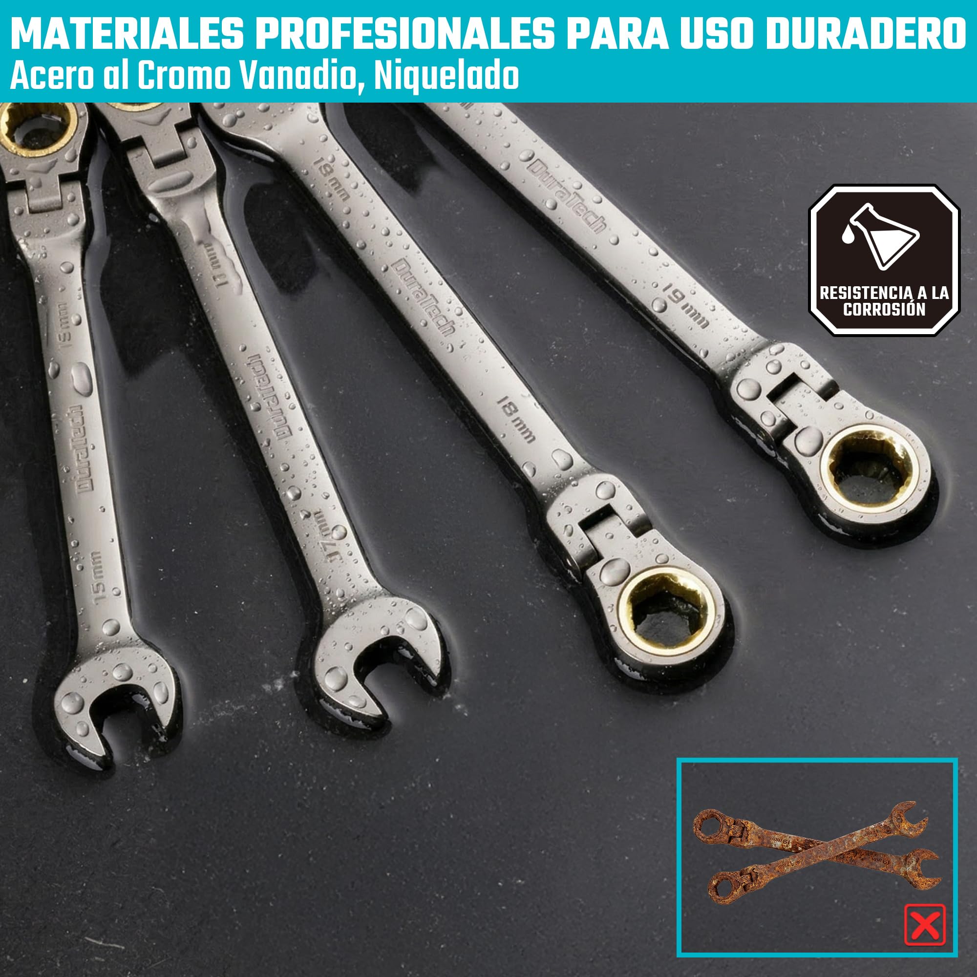 DURATECH Juego de llaves de trinquete con cabeza flexible antideslizante, juego de llaves combinadas, 12 piezas, 72 dientes, métricas, 8-19 mm, acero CR-V, organizadas en estuche de almacenamiento