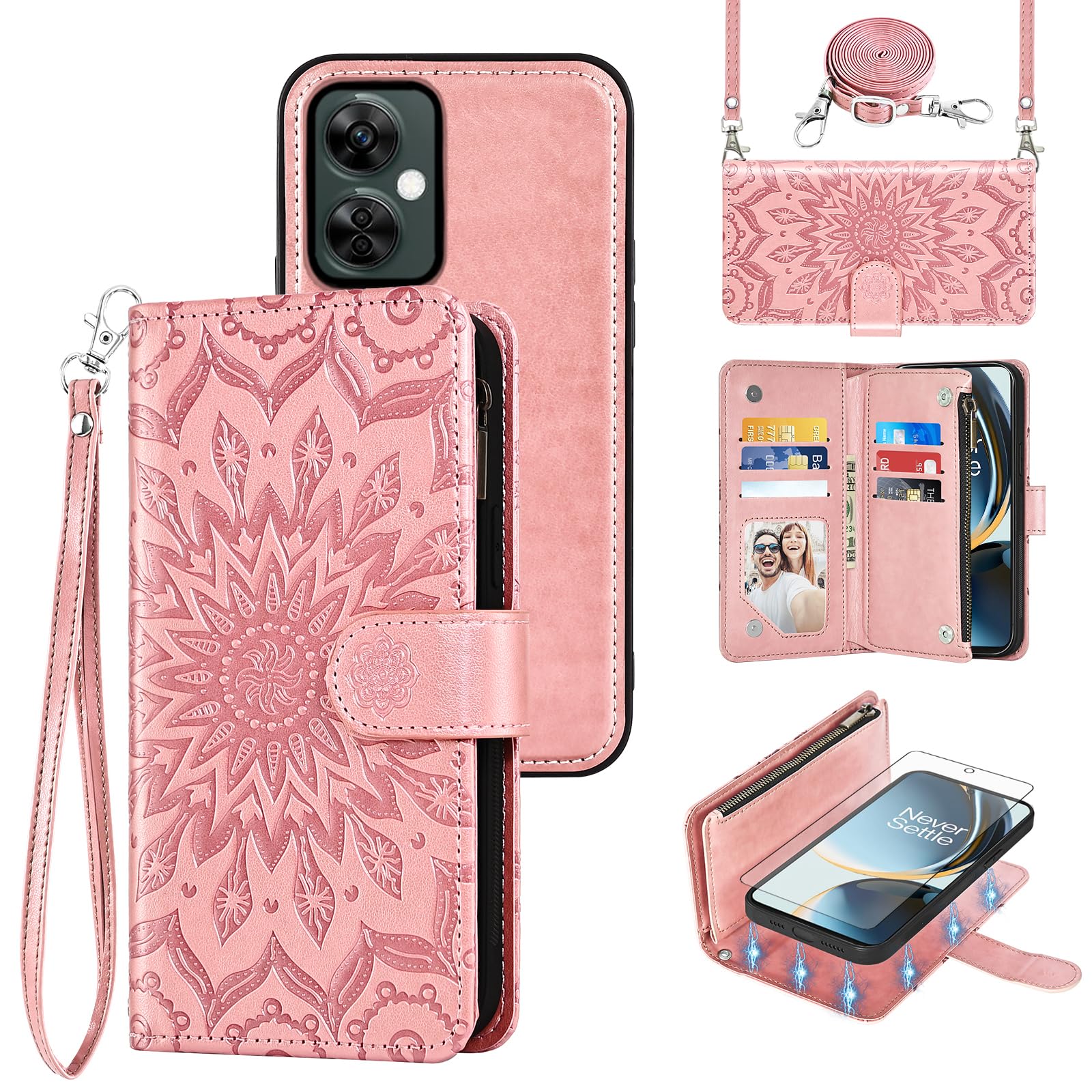 Phone Case for OnePlus Nord N30 5G/CE 3 Lite Zipper Wallet Magnetic Detachable Cell Cover with Screen Protector Crossbody Lanyard Strap Flower Card Holder OPPO K11x/One Plus 1 1+ N 30/CE3 Rose Gold