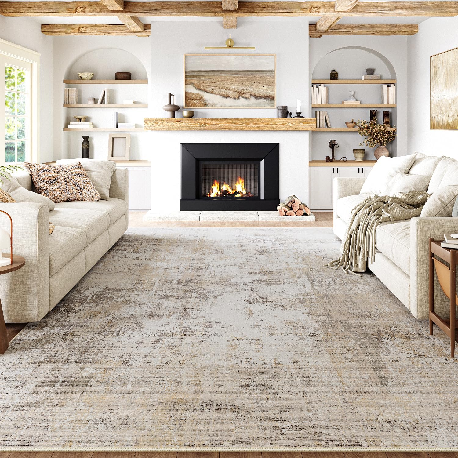Tapis beige gris moderne 70x200 cm abstrait lavable pour couloir et salon