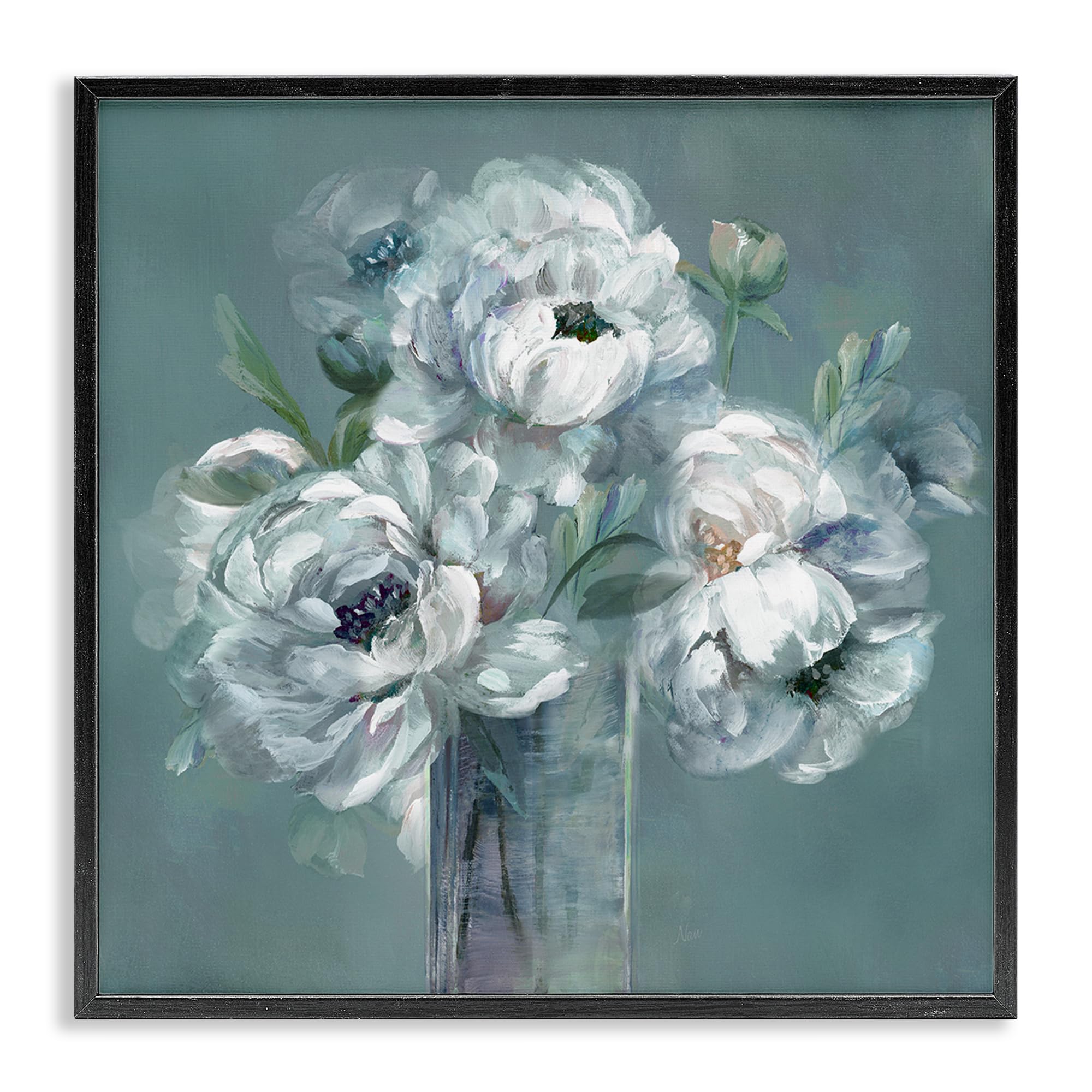 Stupell Industries Midnight Black (Textured) White Peony Impression Floral Elegance, 17 X 17 Inch Framed Giclée Print