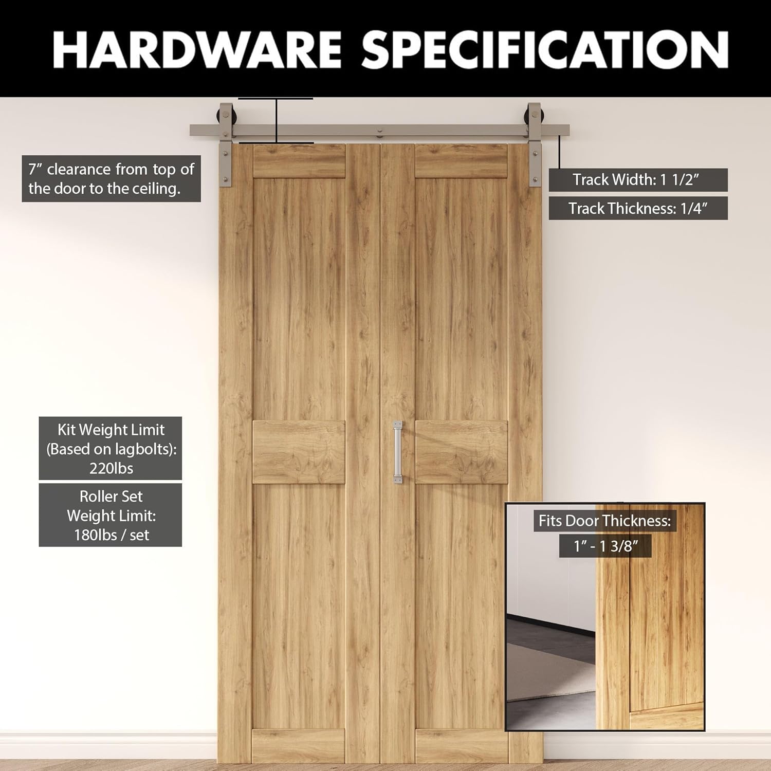 Homacer 33in Brushed Nickel Bi-Folding Sliding Barn Door Hardware Kit for 2 Doors,Heavy Duty, Quietly,Easy to Install (Door Not Included)