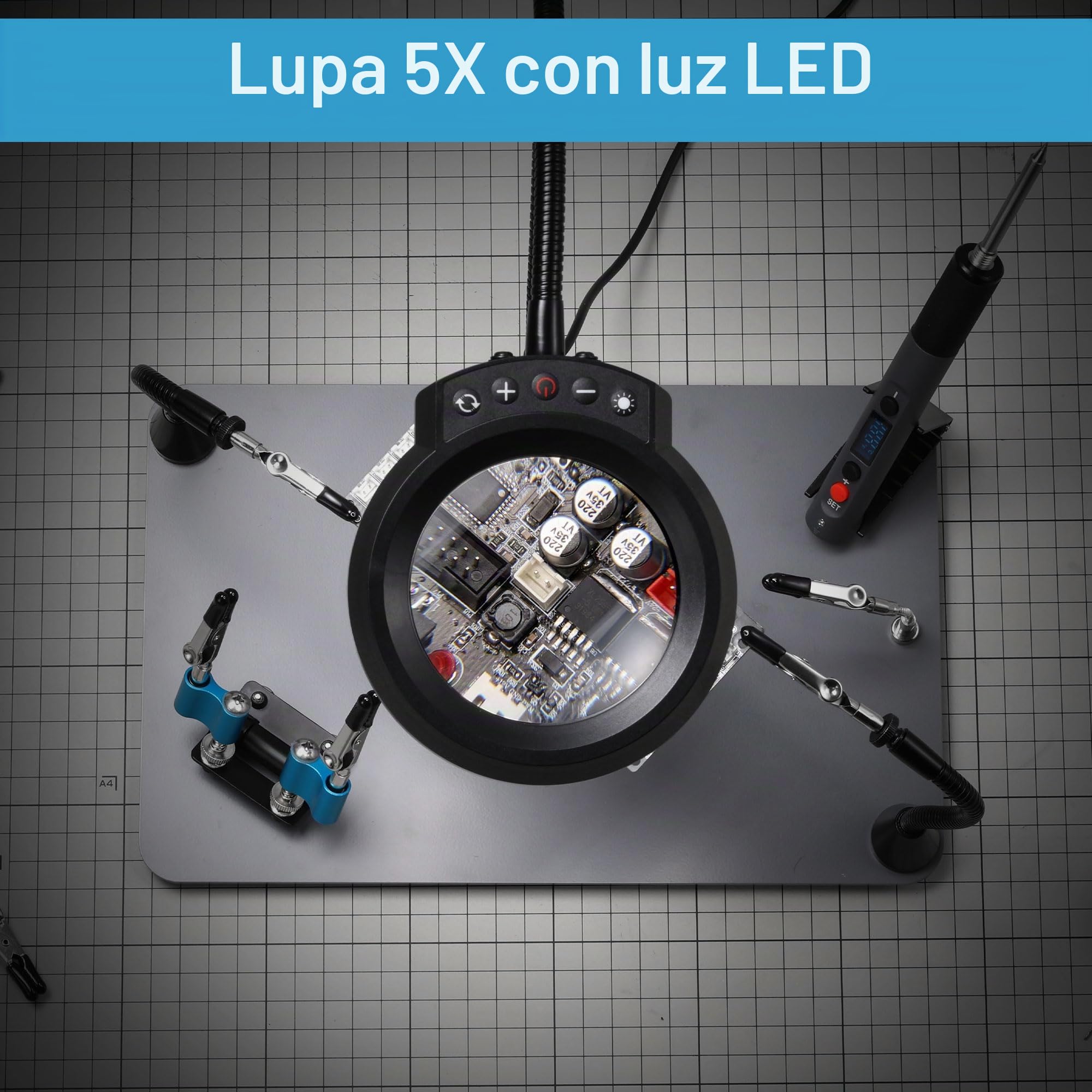 Sainsmart Soporte de ayuda para soldadura PCBH v2, SainSmart mejorada con cautín y minisoportes de clip, LED integrado con aumento de 5x, 6 brazos de cuello de cisne ajustables