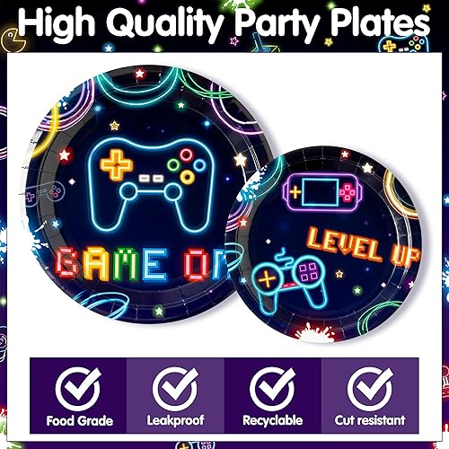 Miniatura 3 de 96 platos de fiesta de videojuegos, suministros de neón para fiestas, decoraciones de vajilla que brillan en la oscuridad, platos de papel