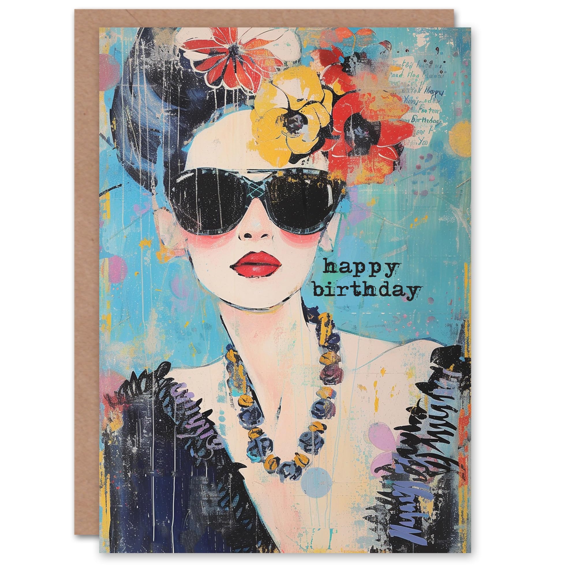 Artery8 Birthday Card Sunglasses Modern Fashion Portrait For Her Gran Sister Niece Daughter Wife Woman Greeting Card