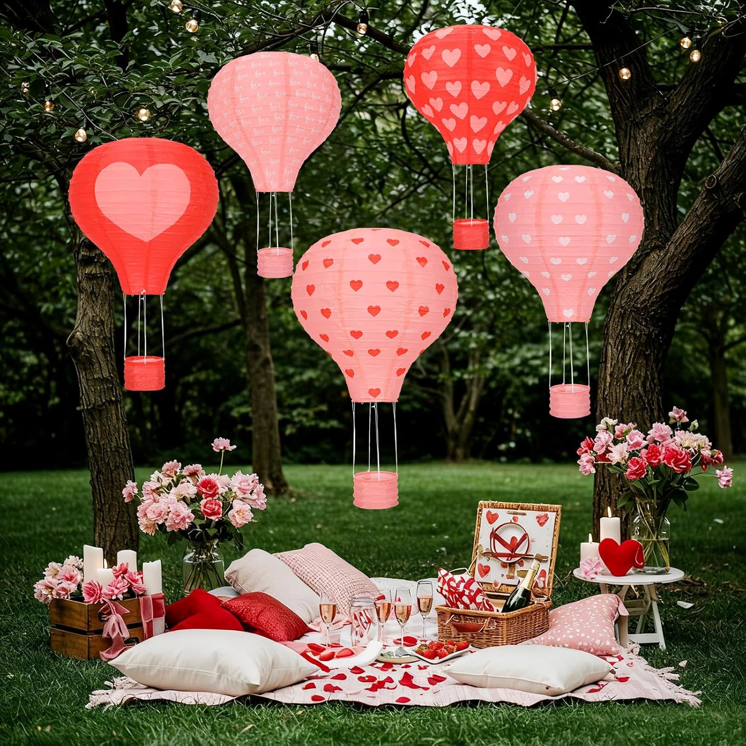 5 Pieces Valentines Hanging Hot Air Balloon Paper Lanterns Set 12 Inches Hanging Valentines Party Decorations with Red Pink Heart Design for Wedding Bridal Shower Bachelorette Party Home Decor