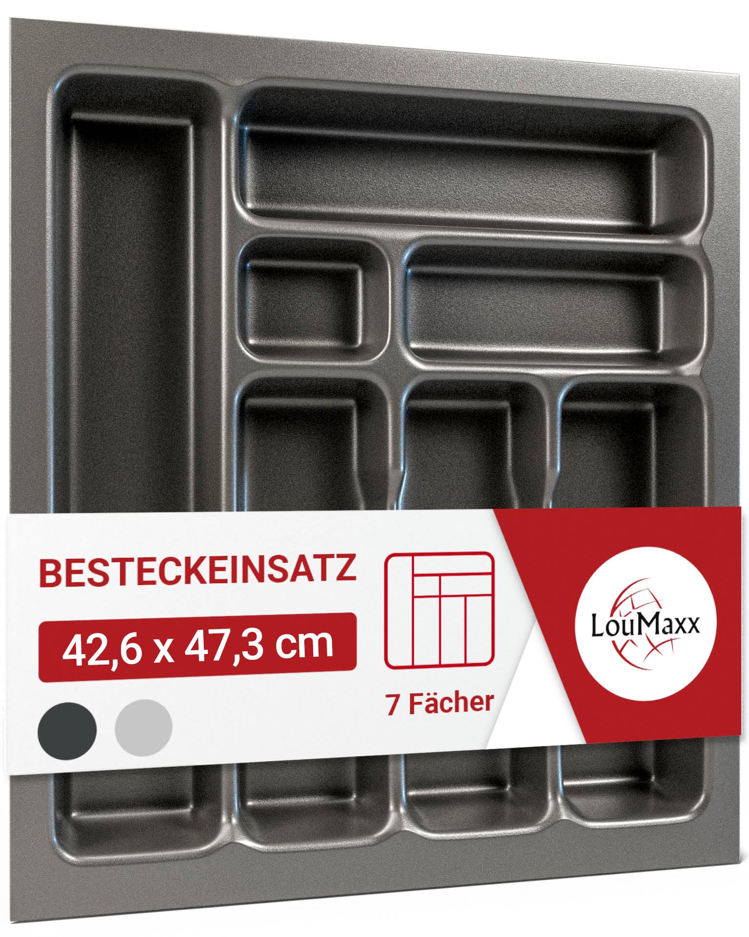 LouMaxx Besteckeinsatz für 50 cm breite Schubladen - Besteckkasten 47,3 x 42,6 cm Made in Germany, basaltgrau mit 7 Fächern und stabilen Ecken