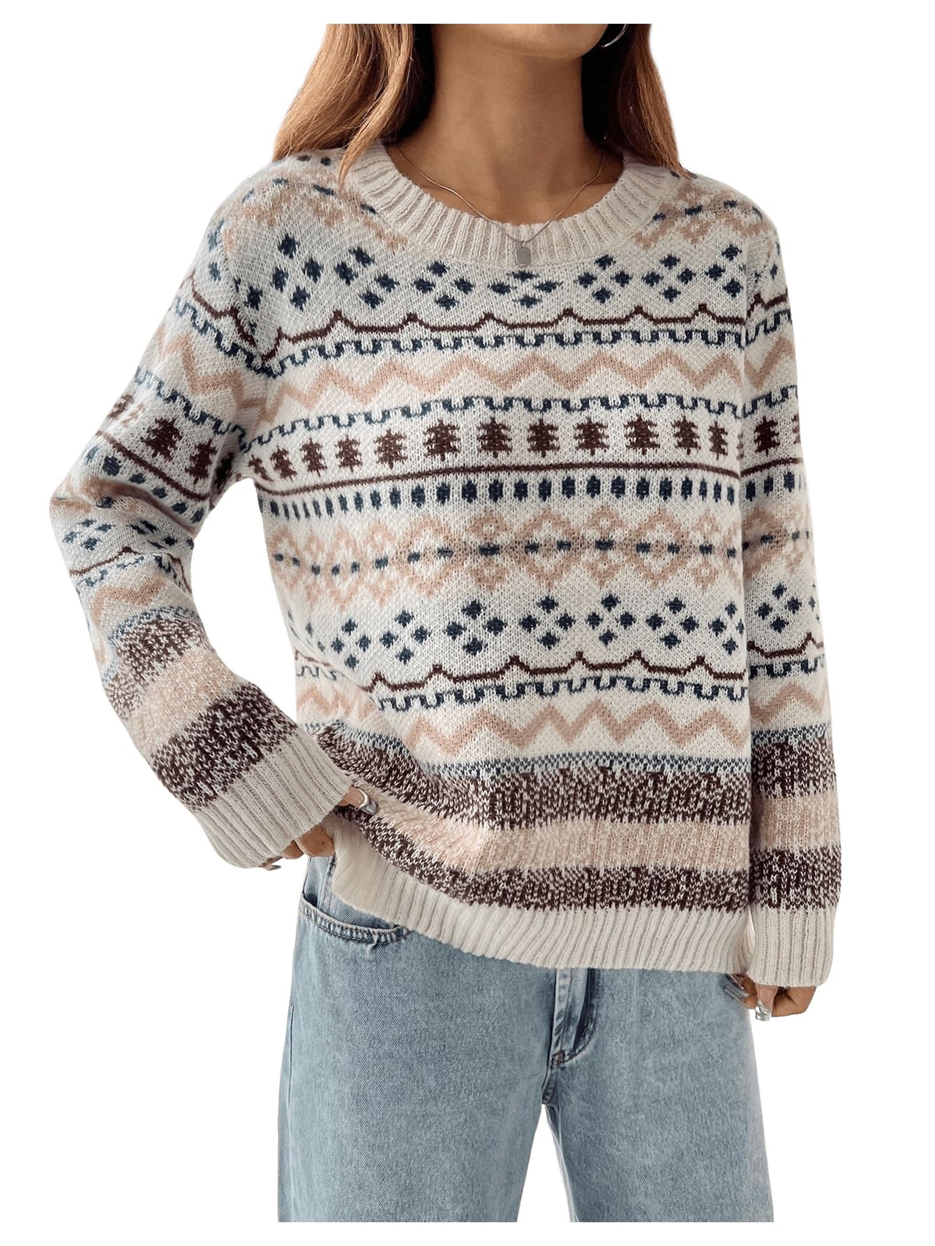 WDIRARA Womens Geometric Sweaters Crew Neck Long Sleeve Pullover Knit Tops Vintage Sweaters