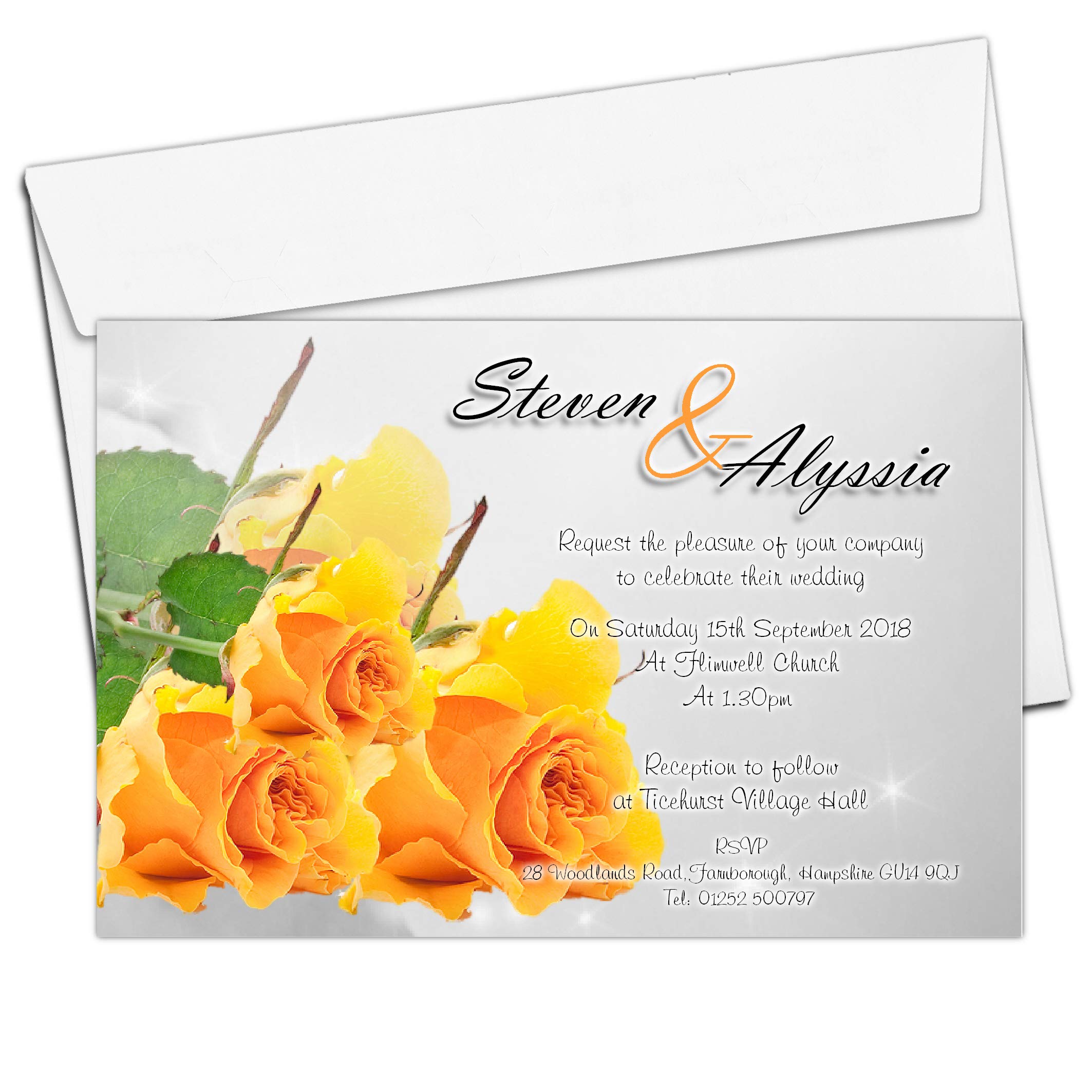 Invite Designs Ltd 10 Personalised Yellow Rose Wedding Invitations Invites N59 Day/Evening