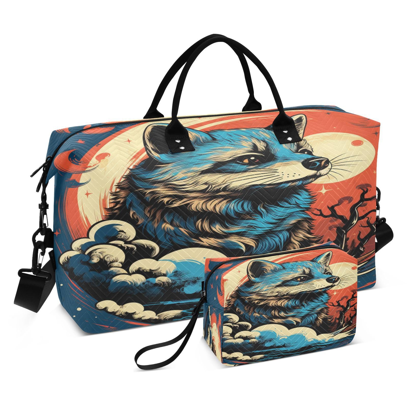 Artwork Watercolor Raccoon Sports Swim Gym Bag Weekender Duffel Travel Bags Handbag with Makeup Storage Bag for Girls Men