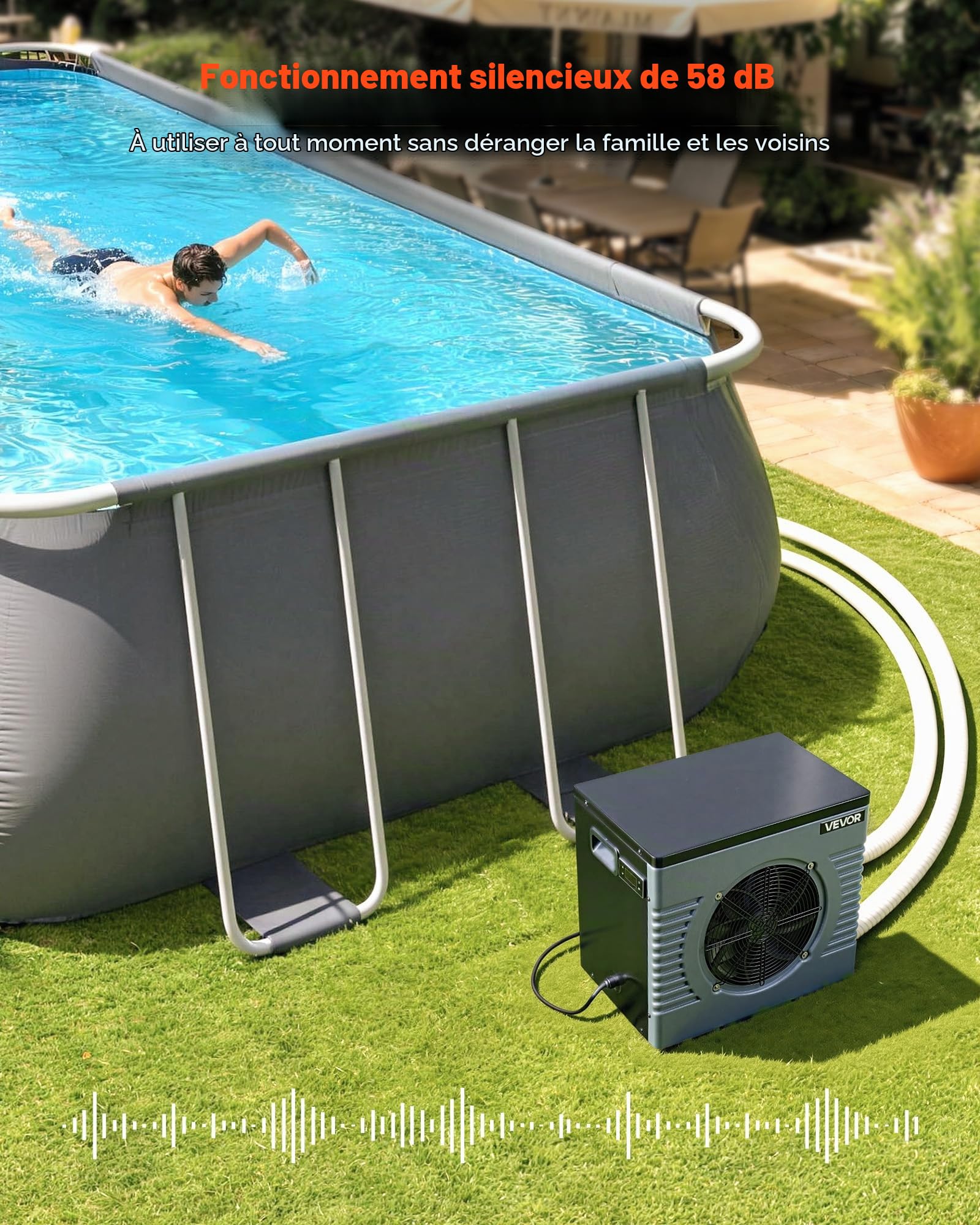 VEVOR Pompe à Chaleur pour Piscine 4,16 kW Chauffage Électrique de Piscine Hors Sol Jusqu'à 15 m³ pour Natation, COP Max. 5,14, Faible Niveau Sonore, Protection GFCI, Température de Chauffe 15 à 40 °C
