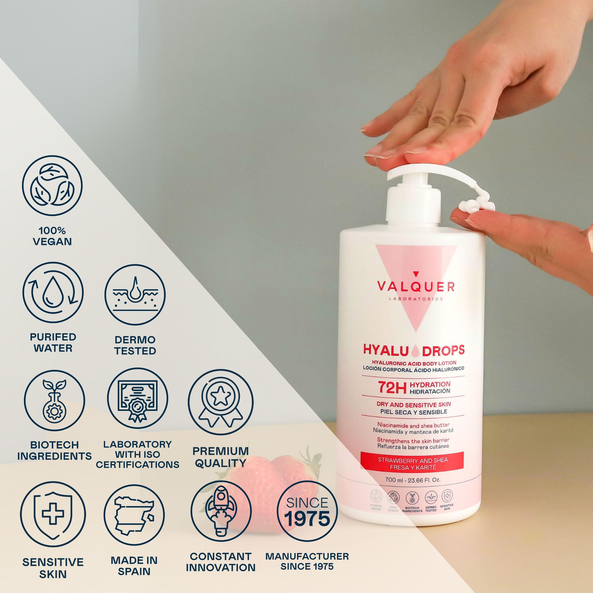 VALQUER Hyaludrops Moisturising Body Cream Strawberry & Shea Butter, White, 700 ml (Pack of 1) - Image 2
