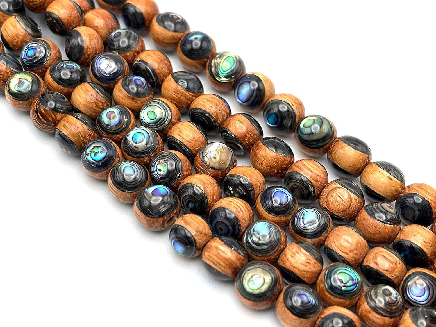 ABCGEMS Authentic Bayong Redwood Beads Front/Back Inlaid with New Zealand Abalone Shell (Each Bead is a Testament to Labor Intensive Artistry) Smooth Round 12mm (8 Inches)