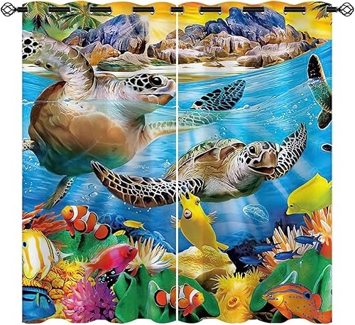 Cortinas opacas de tortuga marina para decoración del hogar, diseño de payaso tropical con ojales, aislamiento térmico, para oscurecer el
