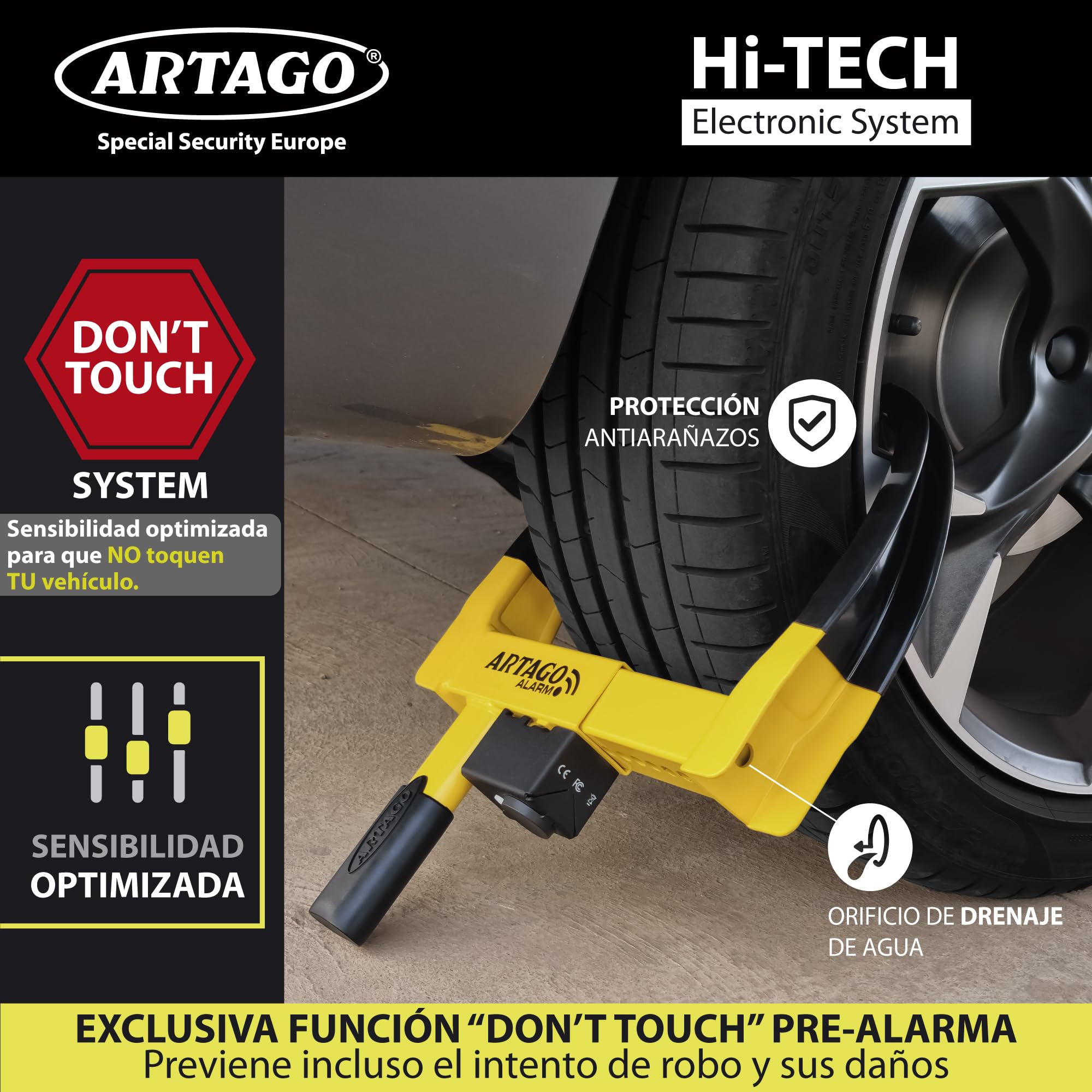 ARTAGO ART872 El Cepo Rueda Más Seguro y Disuasorio, Antirrobo Coche Remolque Caravana 2en1, Sin o Con Alarma 120db+LED Alerta Visible Noche, Doble Protección Antióxido Más Resistente, Universal
