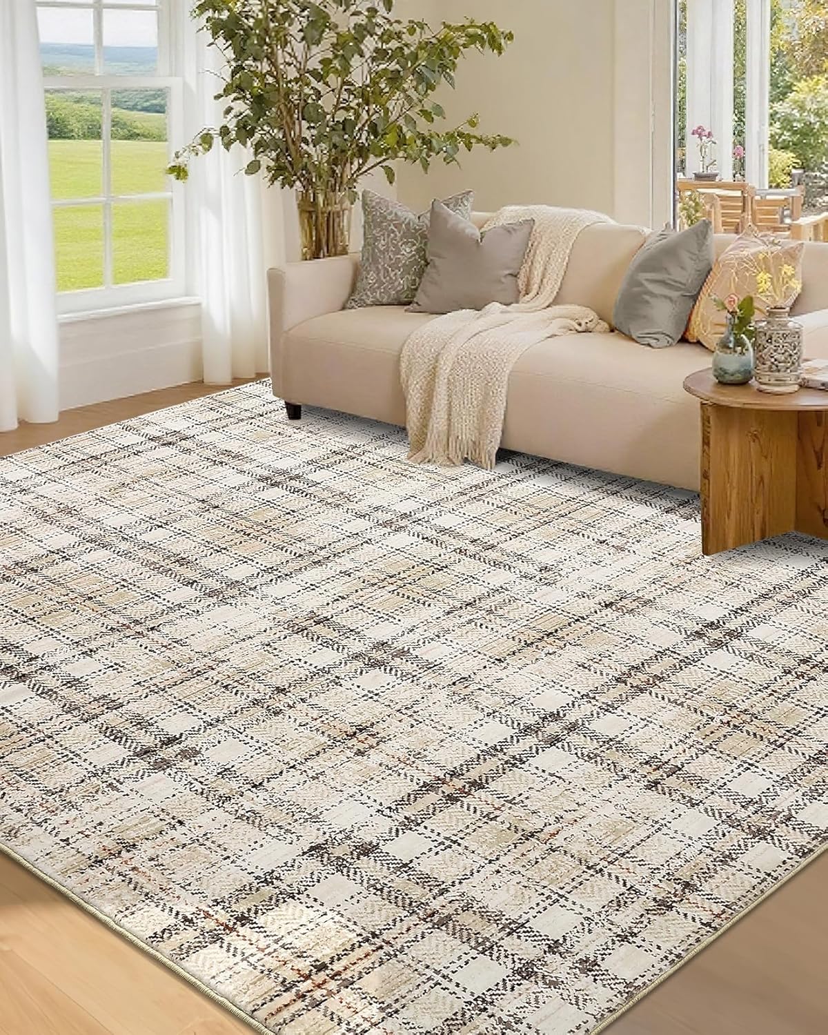 Washable 5x7 Soft Plaid Traditional Tartan Area Rug - Non Shedding, Non Slip, Stain Resistant, for Living Room, Bedroom, Nursery, Office - Beige