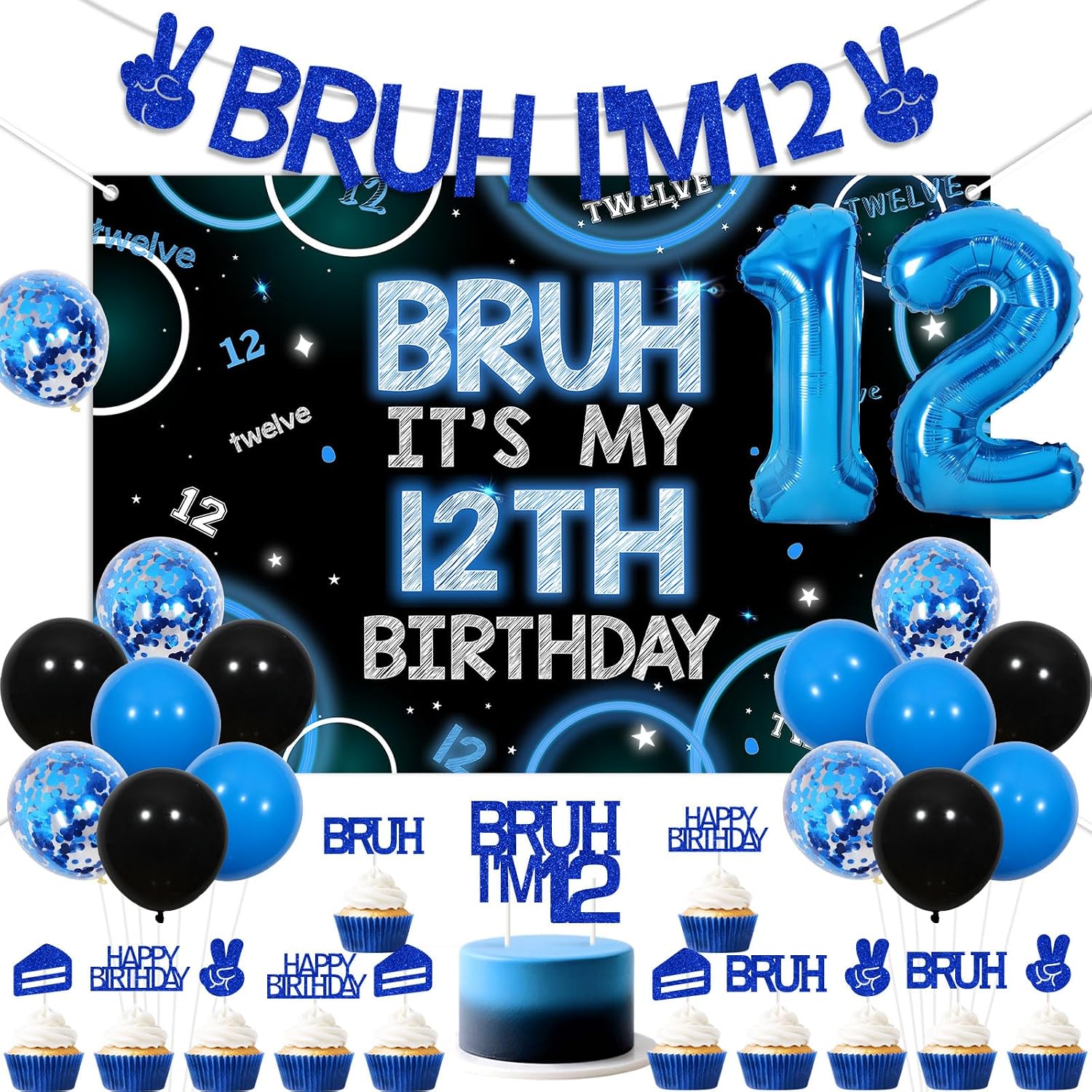 Blue Bruh It's My 12th Birthday Decor Bruh It's My 12th Birthday Backdrop Banner Bro I'm 12 Cake Cupcake Topper Happy Twelfth Anniversary Decor Funny Twelfth Bday Supplies for 12 Year Old
