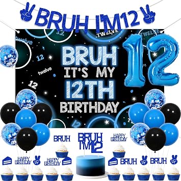 Blue Bruh Its My 12th Birthday Decor Bruh Its My 12th Birthday Backdrop Banner Bro Im 12 Cake Cupcake Topper Happy Twelfth Anniversary Decor Funny Twelfth Bday Supplies for 12 Year Old