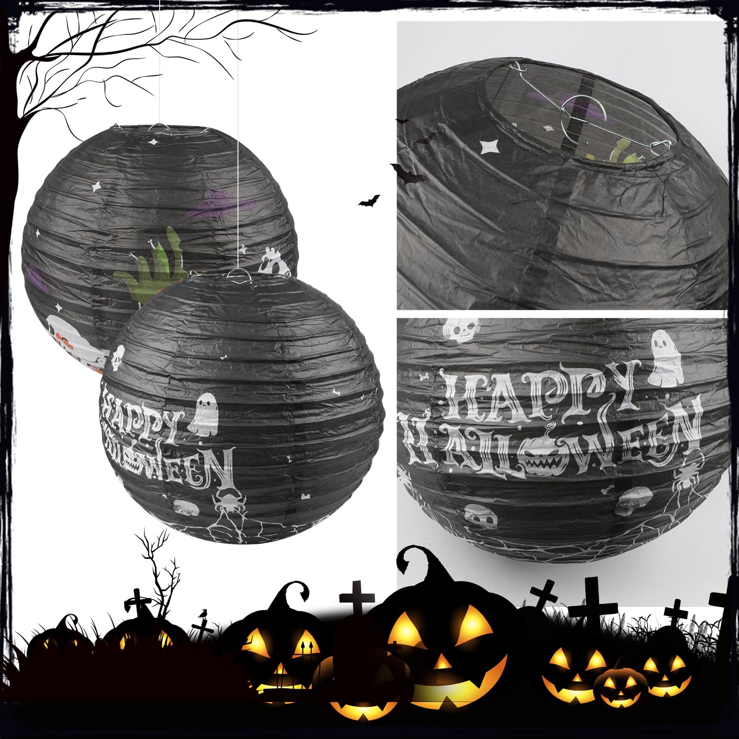 Decorazioni Halloween - 10 Lanterne Di Carta Con 8 Luci LED E 8 Ganci - Set Fantasmi, Pipistrelli E Zucca
