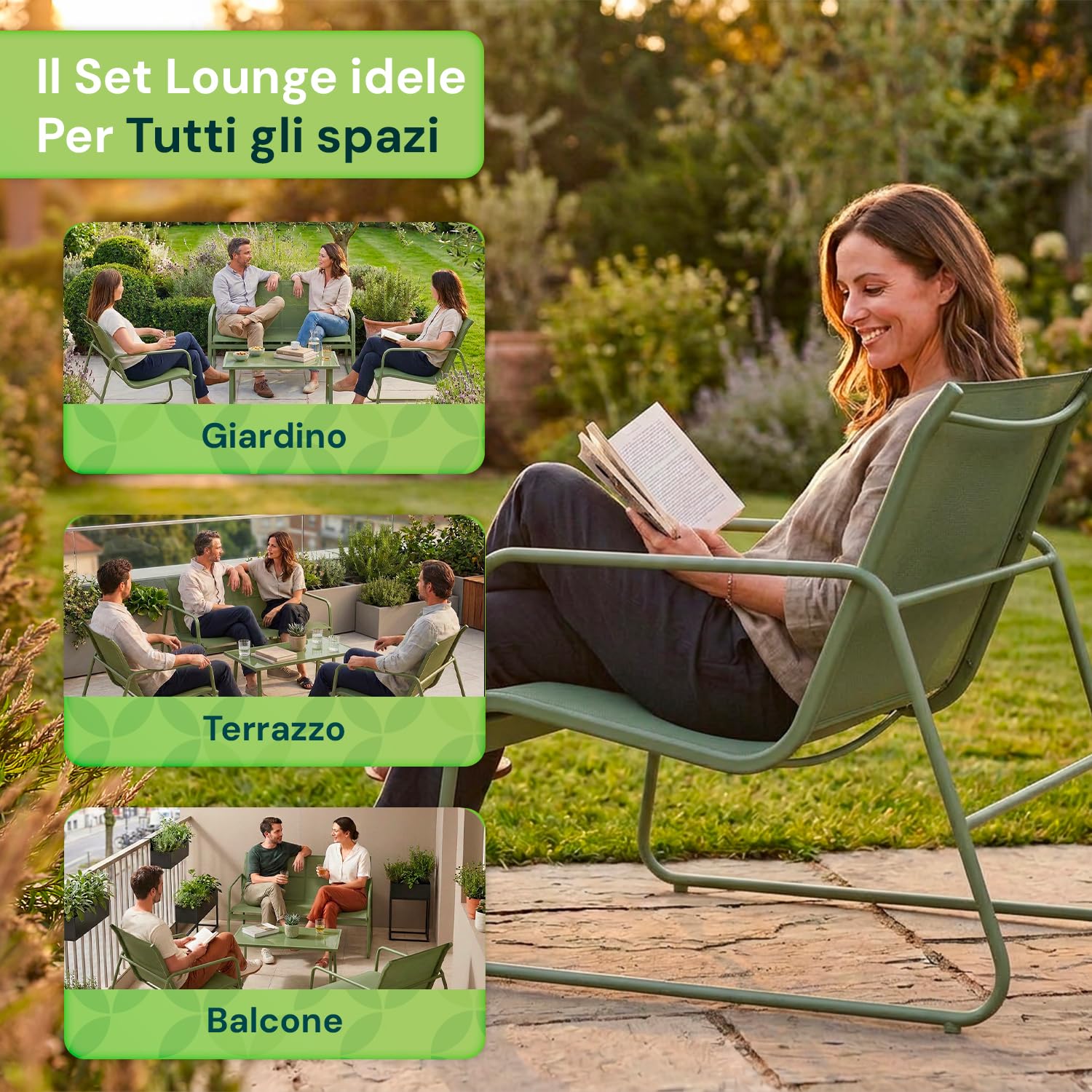 Avilia - Set da Giardino Esterno 4 Pezzi – Divanetto, 2 Sedie e Tavolino Esterno, Struttura Ferro, Seduta Texilene | Set Divano Giardino con Piedini Regolabili, Portata 240/120/60 kg (Khaki)