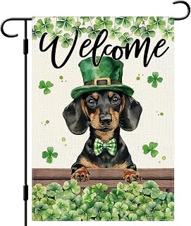Welcome St Patricks Day Dog Garden Flag Shamrocks Dachshund