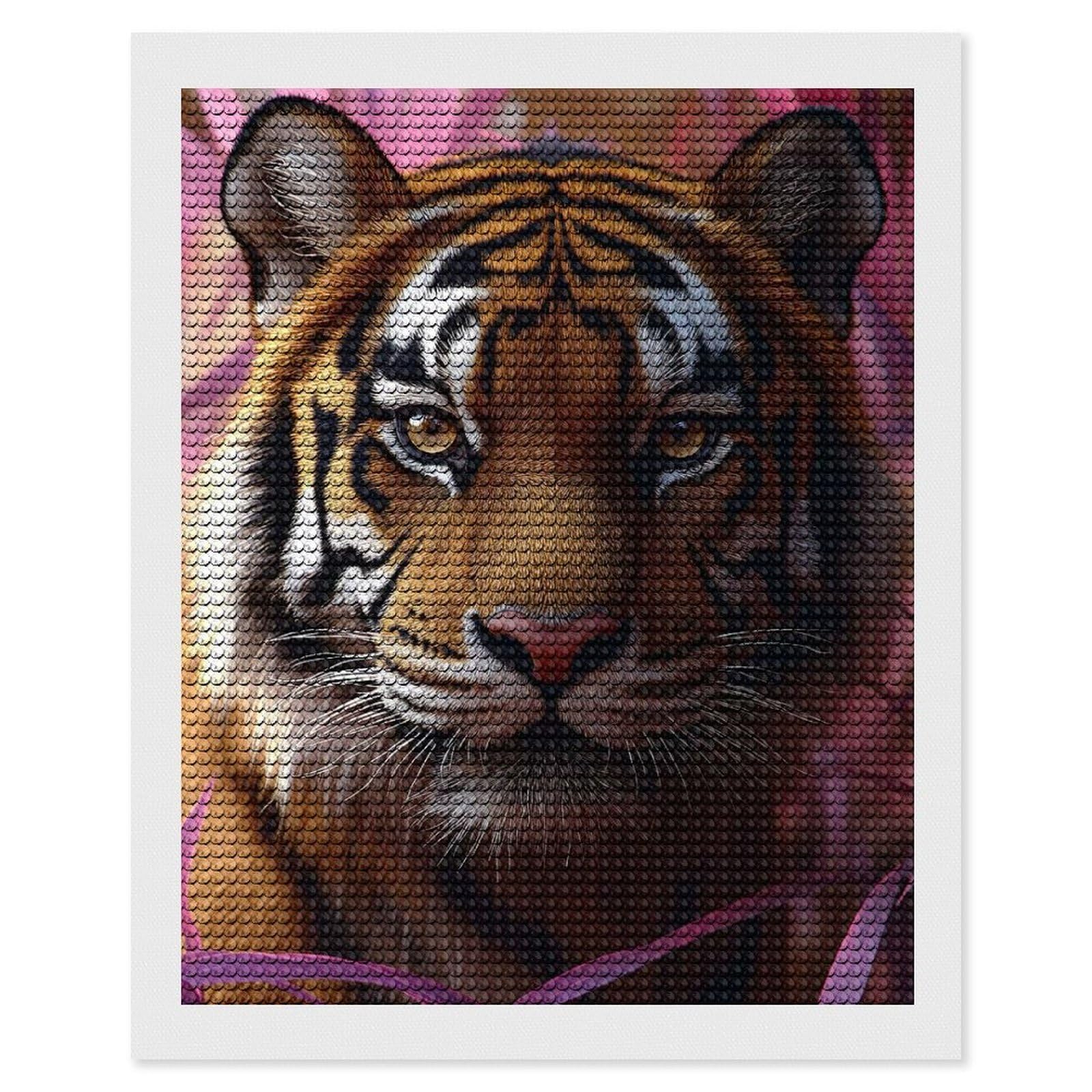 Junmoney Tiger Portrait with Pink Foliage Crystal Diamond Art Kit 16"x20", Modern Decor, Boho Decor, Wall Art Gift, Decorative Artwork, Creative Hobby