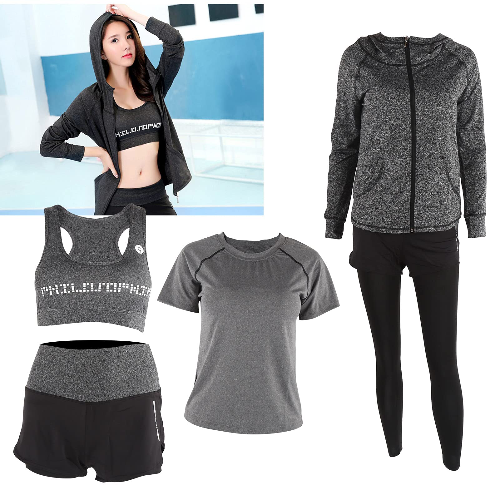 5-teiliges Damen-Yoga-Set, Sportbekleidung, Fitnessstudio, Mantel, Langarm, Top, Leggings, Shorts, Yoga-Anzug (XL)