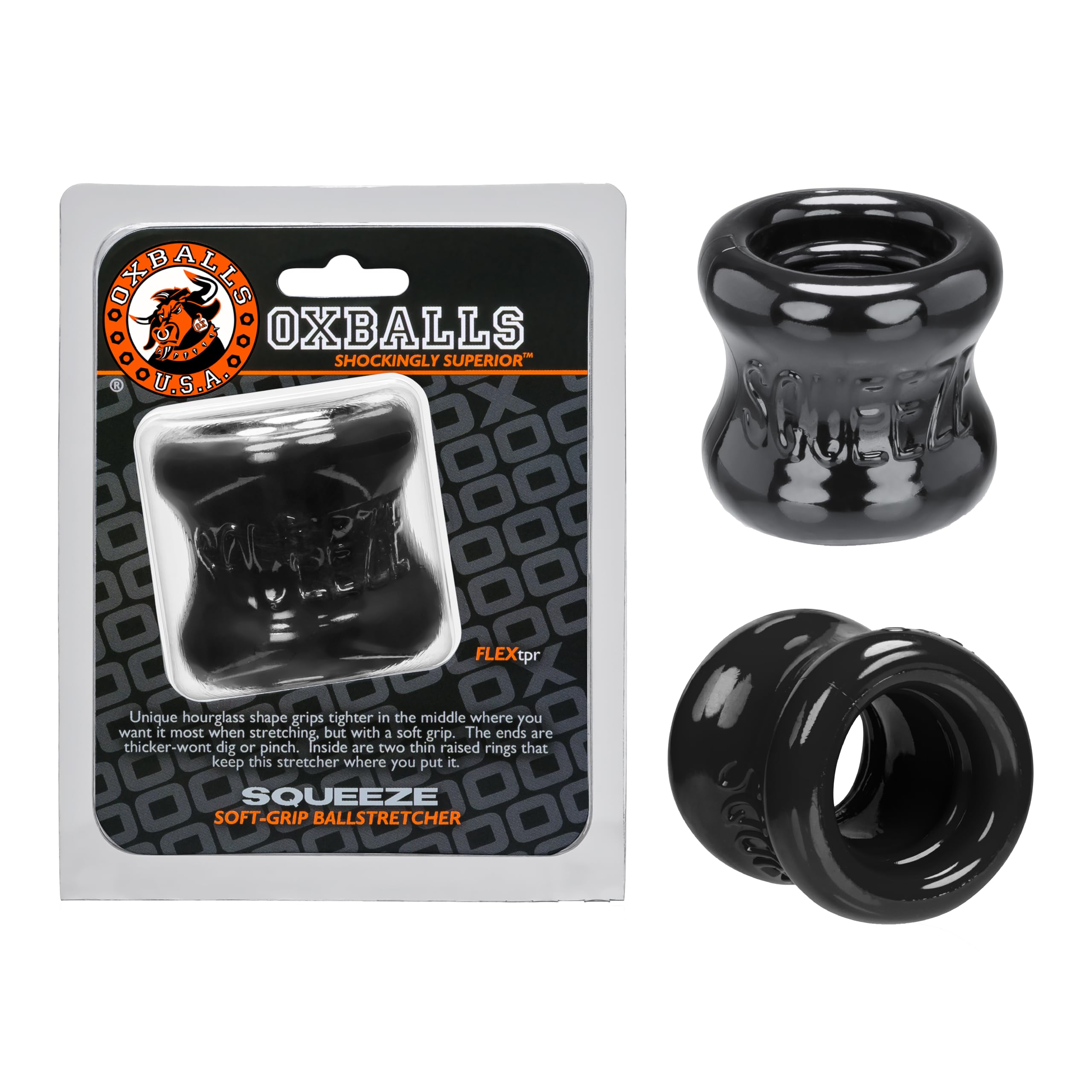 Oxballs Squeeze Ballstretcher - Super Stretchy FLEXtpr Sack Stretcher - Ergonomic Curved Design for Comfort & Grip - Adjustable & Tight Fit Cockring for Men - Enhances Pleasure & Performance - Black