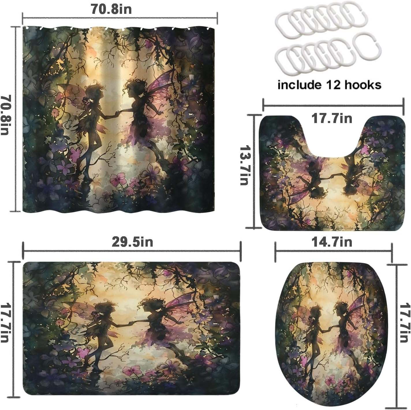 4 Pcs Fairy Shower Curtain Set with Rug, Toilet Lid Cover and Bath Mat Cartoon Anime Cute Fantasy Forest Butterfly Shower Curtain with 12 Hooks, Durable Bathroom Decor Set